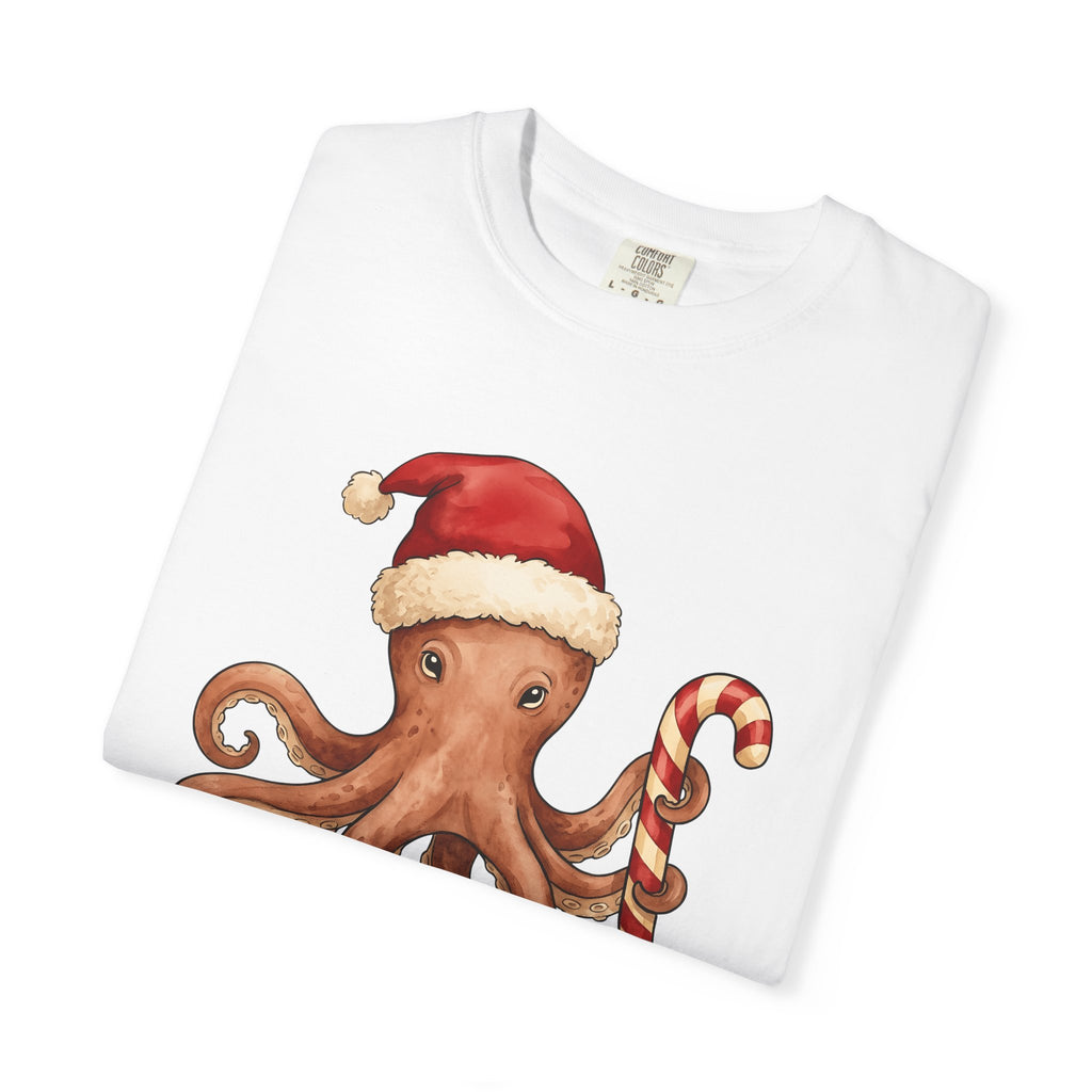 Octopus Christmas Hat Shirt Animals Holiday Gift Women Paint Tee Cephalopod T-Shirt Creature Fan Watercolor Tshirt Christmas Graphic Doodle