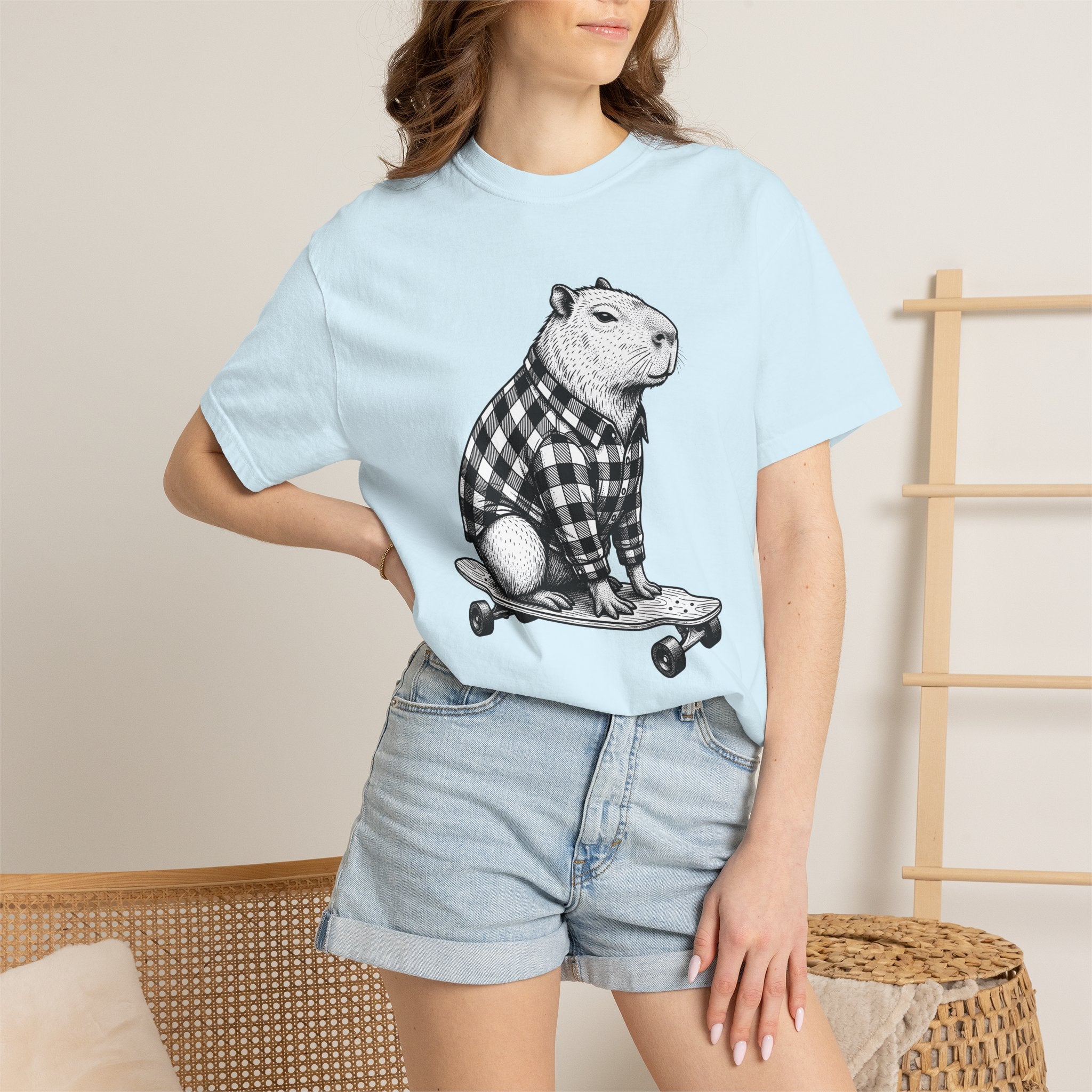 Capybara Skateboard Shirt Animals Comedy Gift Women Doodle Tee Rodent T-Shirt Wildlife Fan Cartoon Tshirt Humor Graphic Classic Plaid