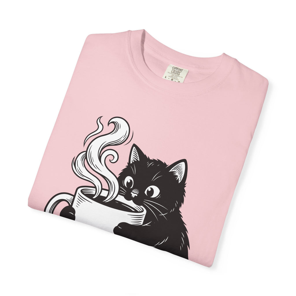 Black Feline Mug Shirt Cat Cappuccino Gift Women Cartoon Tee Cat T-Shirt Cat Fan Kitten Tshirt Coffee Graphic Hand Drawn Hot Steam Tshirt