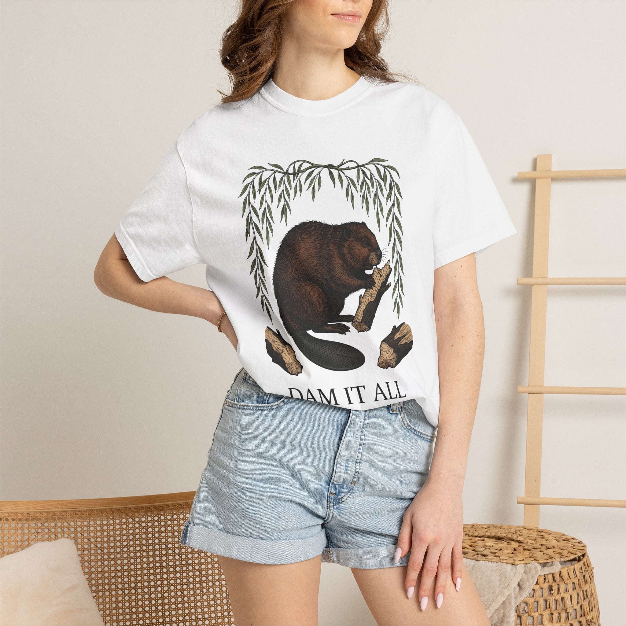 Beaver Artwork Shirt Animals Environment Gift Women Old School Tee Beaver T-Shirt Wildlife Fan Vintage Tshirt Eco Graphic Ink Willow Leaves
