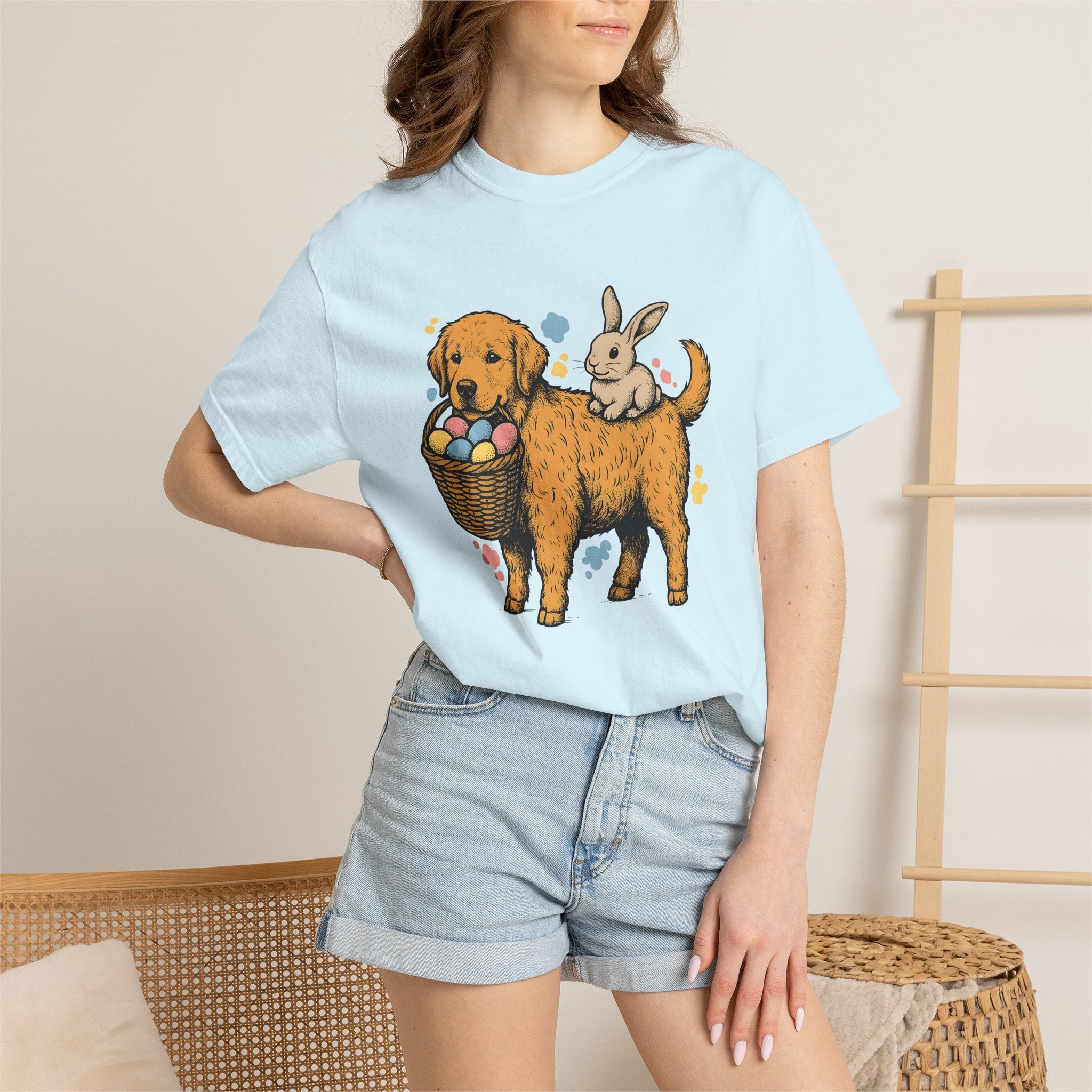 Golden Retriever Bunny Shirt Easter Critters Gift Women Doodle Tee Bunny T-Shirt Spring Fan Cartoon Tshirt Creature Graphic Classic Basket