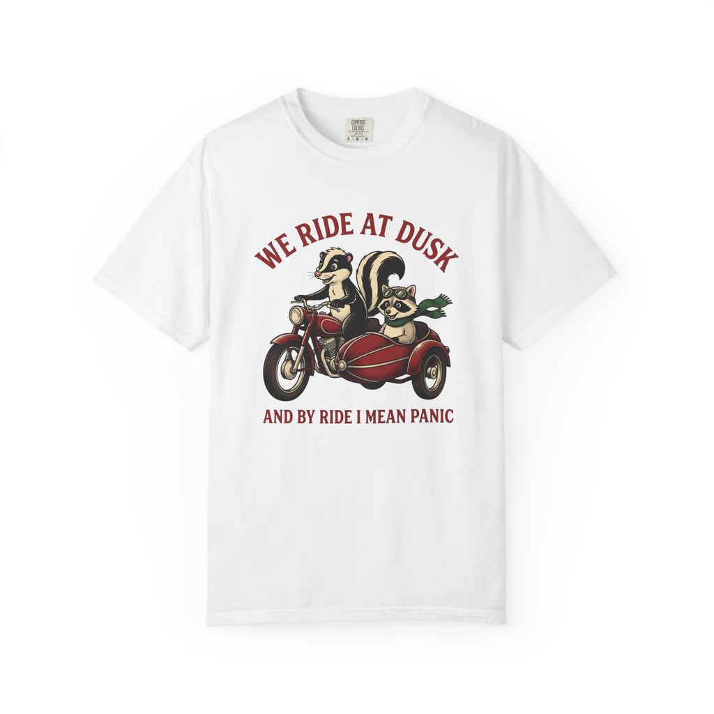 Skunk Raccoon Motorbike Shirt Funny Critter Gift Women Animated Tee Raccoon T-Shirt Humor Fan Cartoon Tshirt Animal Graphic Old School Side