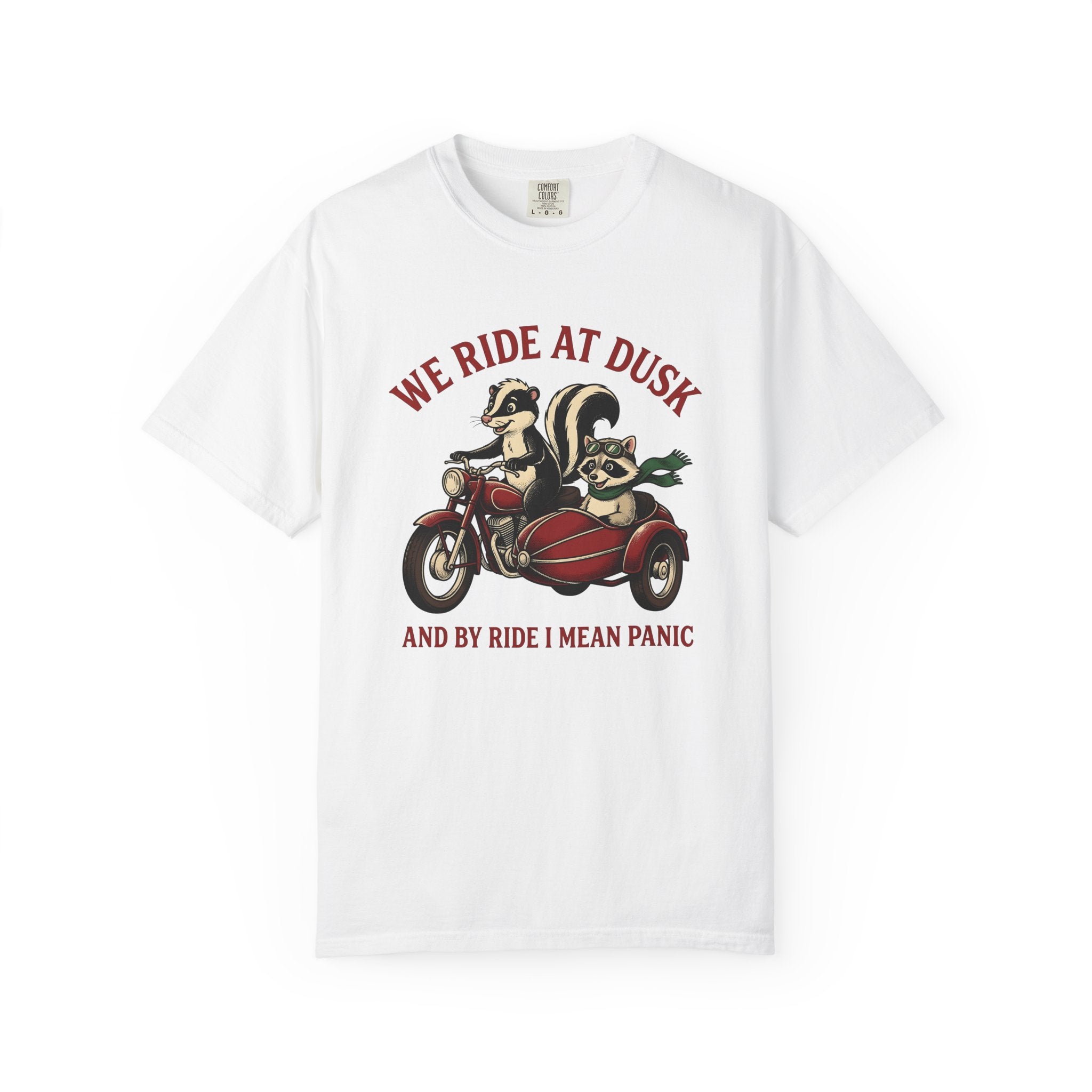 Skunk Raccoon Motorbike Shirt Funny Critter Gift Women Animated Tee Raccoon T-Shirt Humor Fan Cartoon Tshirt Animal Graphic Old School Side