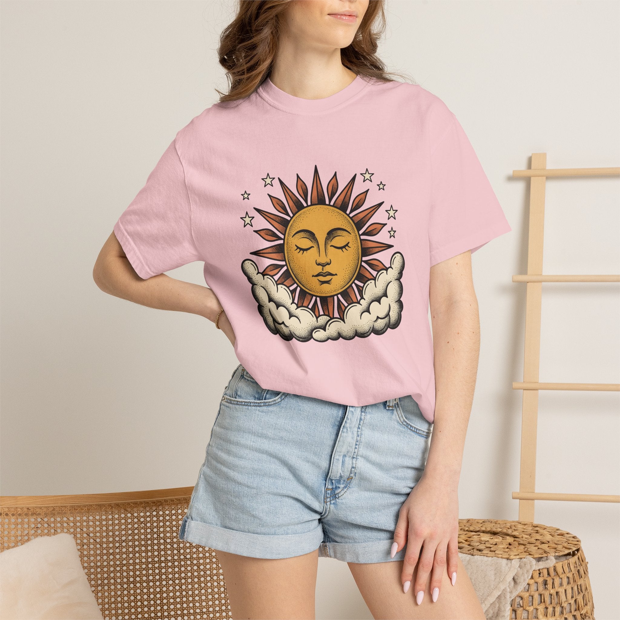 Sun Face Shirt Boho Chic Zodiac Gift Women Mandala Tee Sun T-Shirt Bohemian Fan Mandala Tshirt Astrology Graphic Sketch Clouds Tshirt