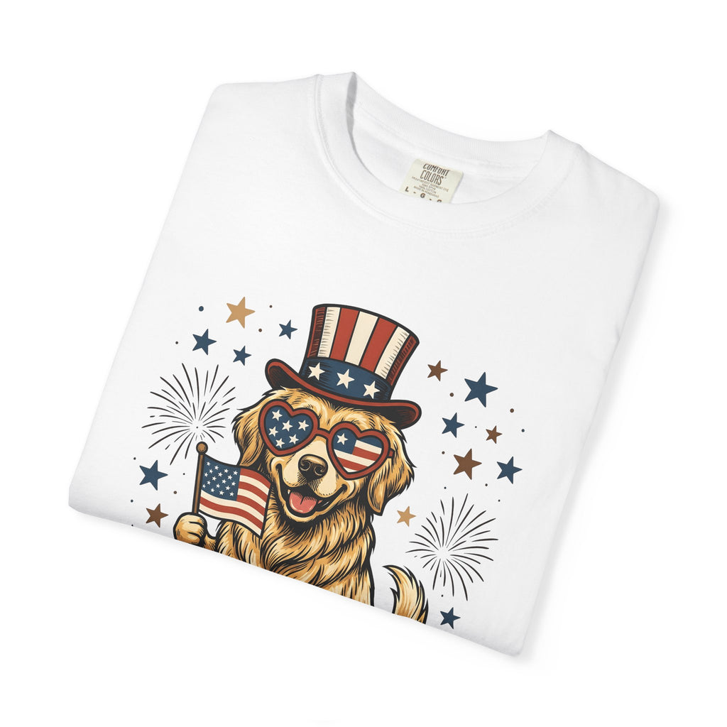 Golden Retriever Shirt Dog Nationalism Gift Women Comic Tee Retriever T-Shirt Dog Fan Cartoon Tshirt Patriotic Graphic Old School Stars And