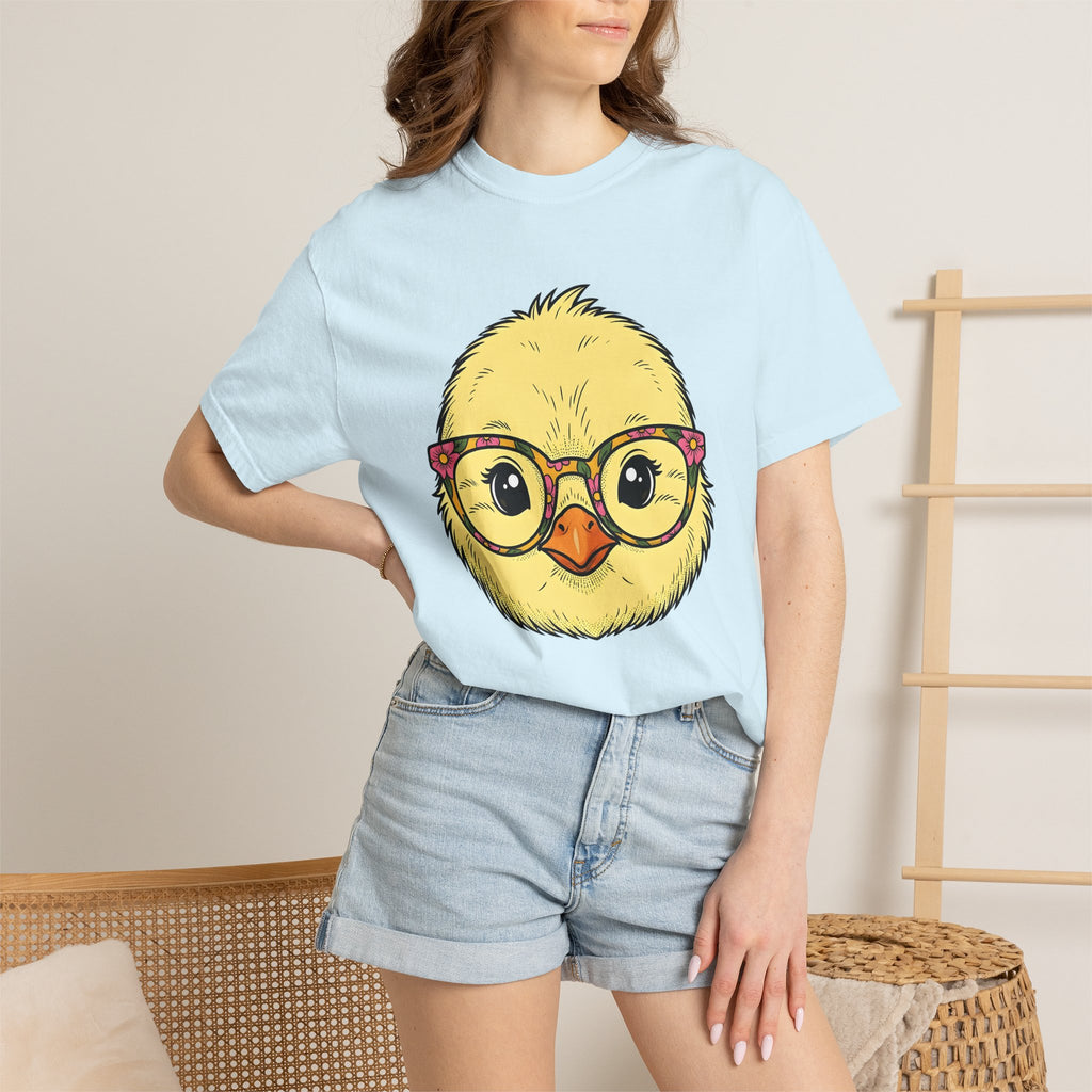 Chick Face Shirt Easter Animal Gift Women Cartoon Tee Girl T-Shirt Easter Fan Chick Graphic Hand Drawn Floral Glasses Tshirt