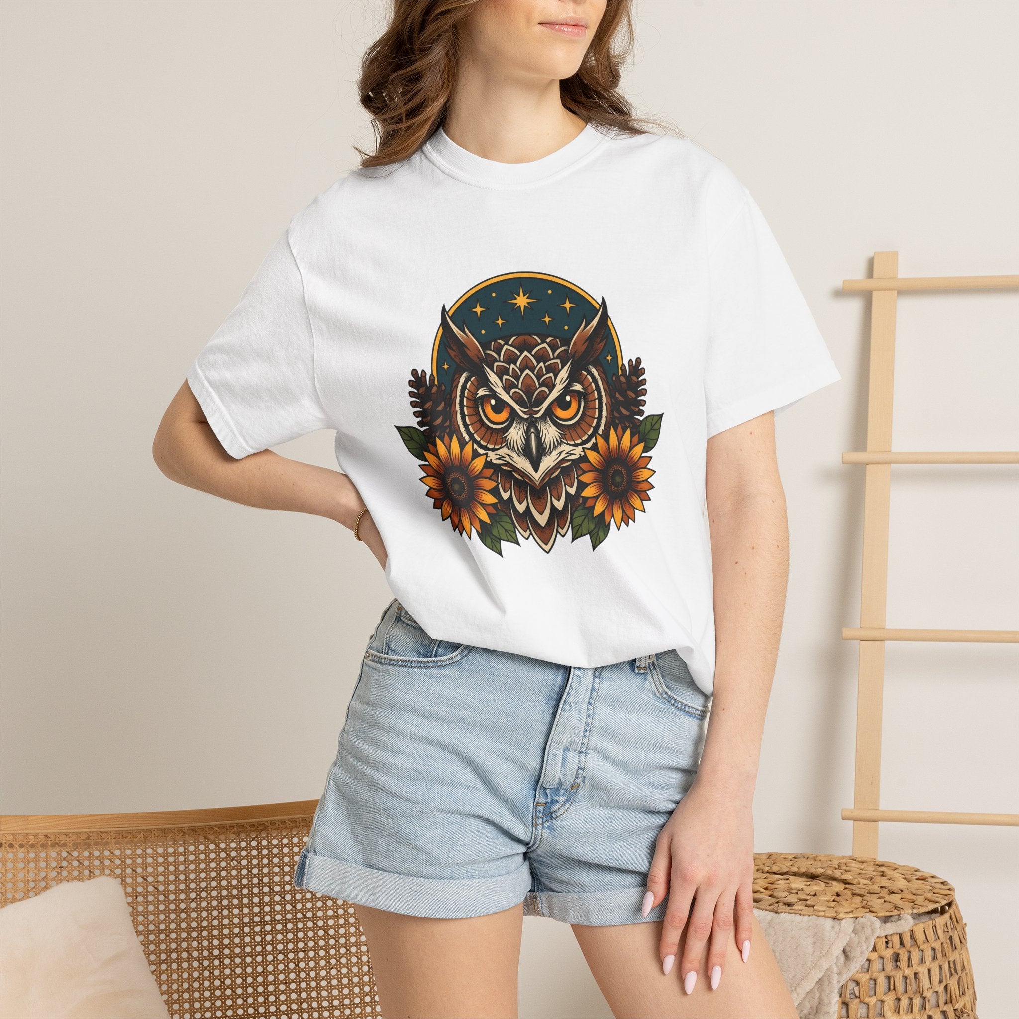 Owl Sunflower Shirt Fall Wilderness Gift Women Tribal Tee Owl T-Shirt Autumn Fan Hoot Graphic Shabby Chic Pinecone Tshirt