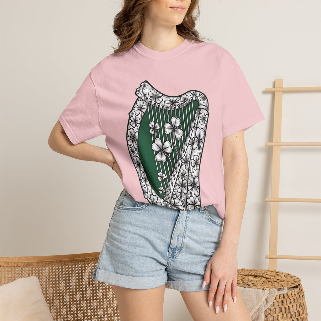 Shamrock Harp Shirt St Patrick's Day Gaelic Gift Women Line Art Tee Harp T-Shirt Patrick's Day Fan Celtic Graphic Tshirt Hand Drawn Clover