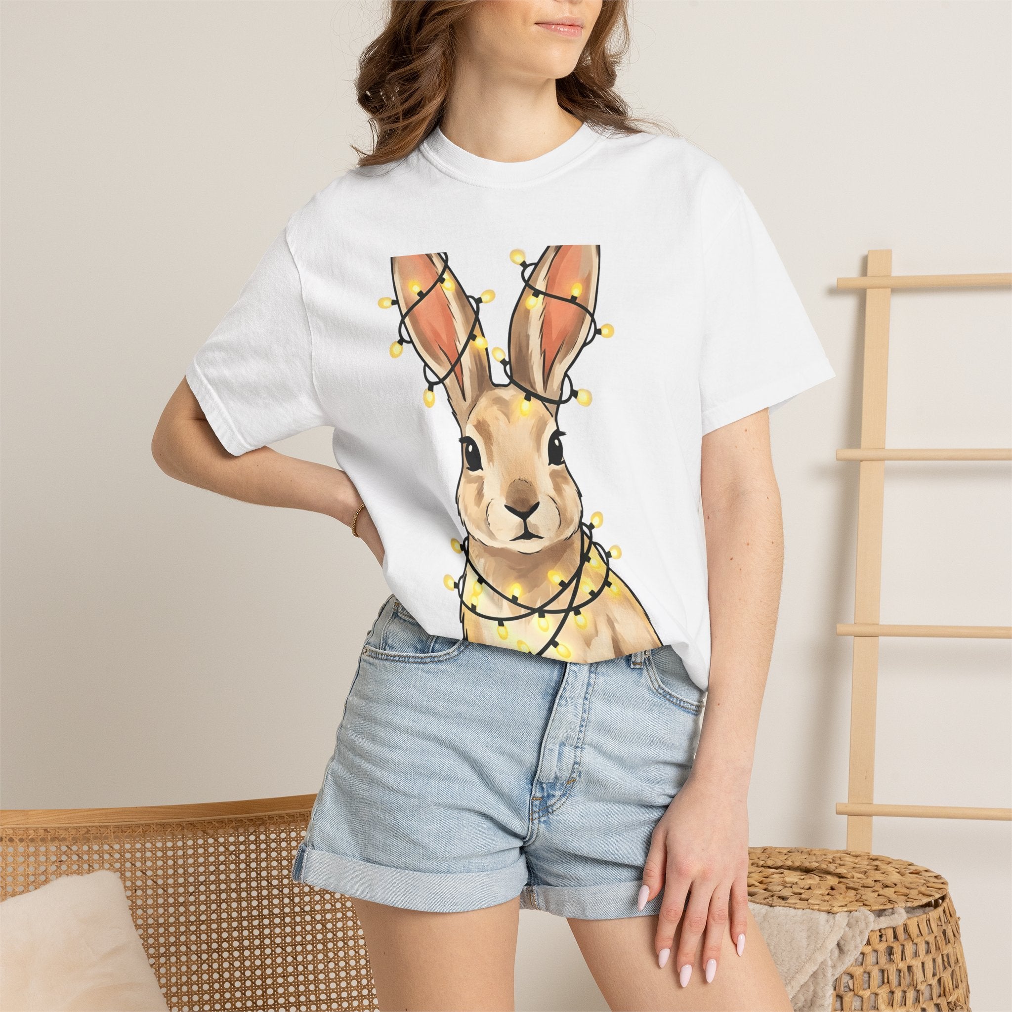 Rabbit Shirt Animals Christmas Gift Women Adorable Tee Bunny T-Shirt Pet Fan Cute Tshirt Winter Graphic Sketch Fairy Lights Tshirt