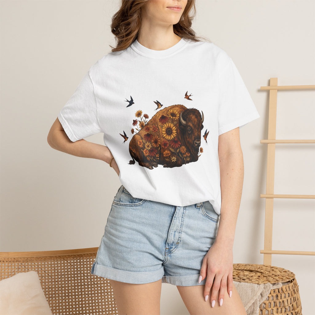 Bison Blossom Shirt Animals Wildlife Gift Women Folk Tee Buffalo T-Shirt Creature Fan Folk Art Tshirt Wildlife Graphic Throwback Swallow