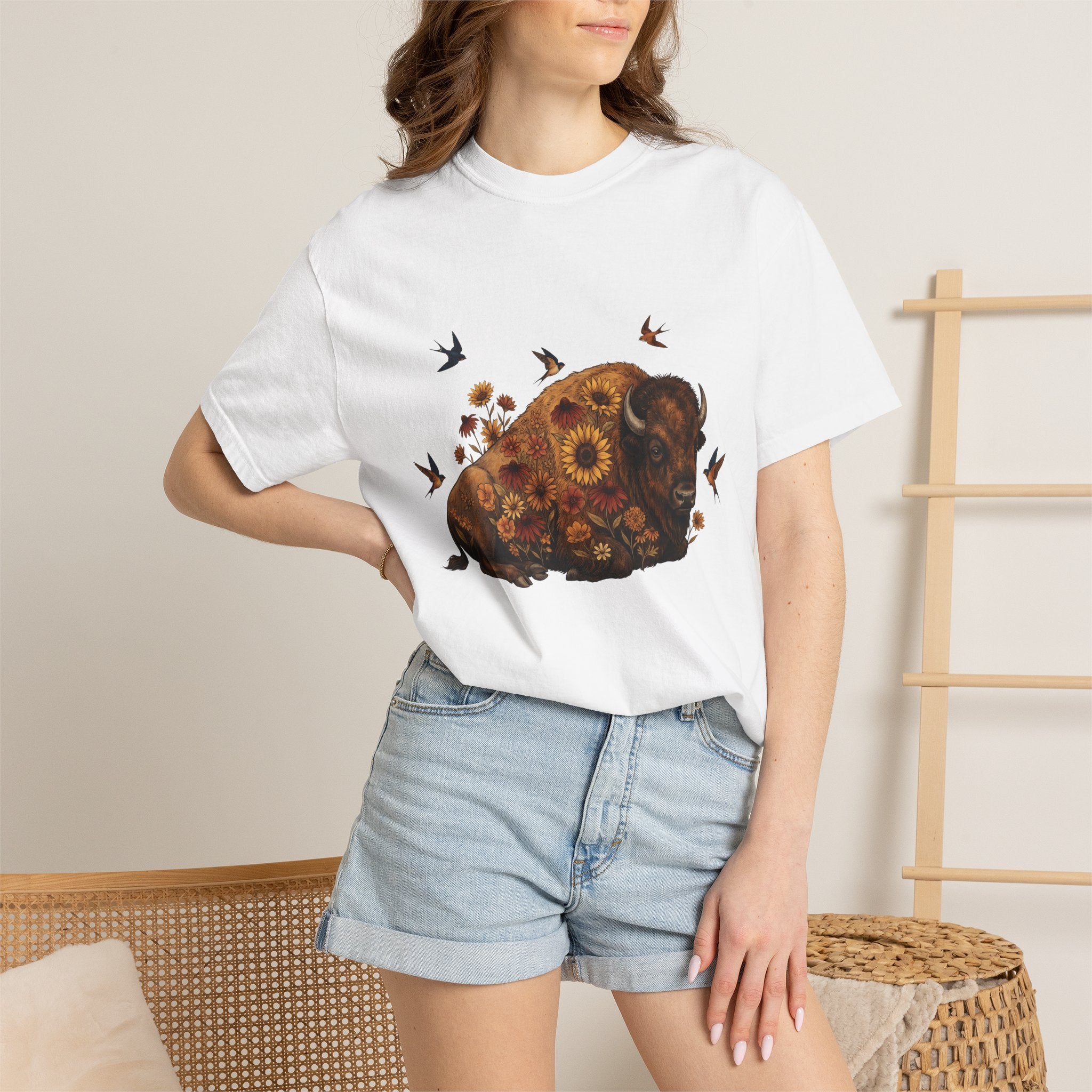 Bison Blossom Shirt Animals Wildlife Gift Women Folk Tee Buffalo T-Shirt Creature Fan Folk Art Tshirt Wildlife Graphic Throwback Swallow