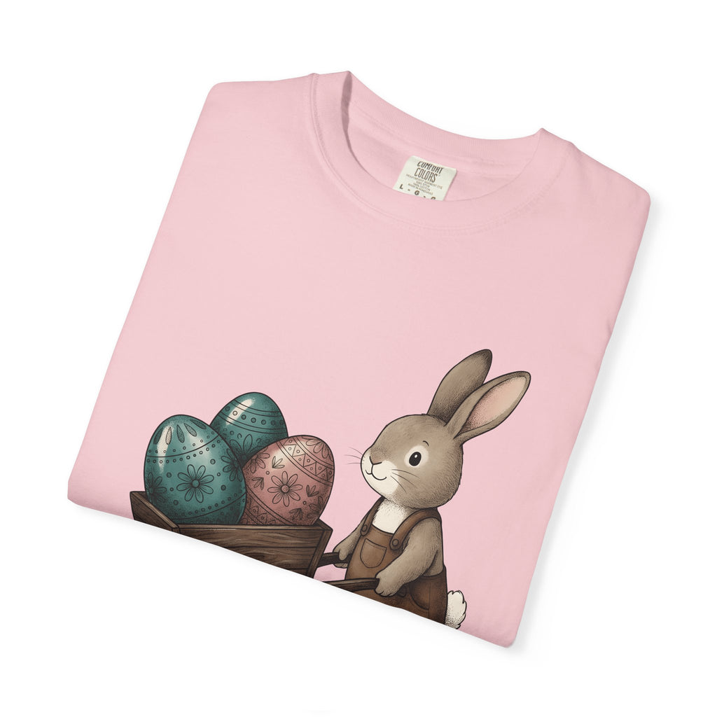Bunny Cart Shirt Easter Wildlife Gift Women Sweet Tee Rabbit T-Shirt Easter Fan Bunny Tshirt Wildlife Graphic Doodle Colorful Eggs Tshirt