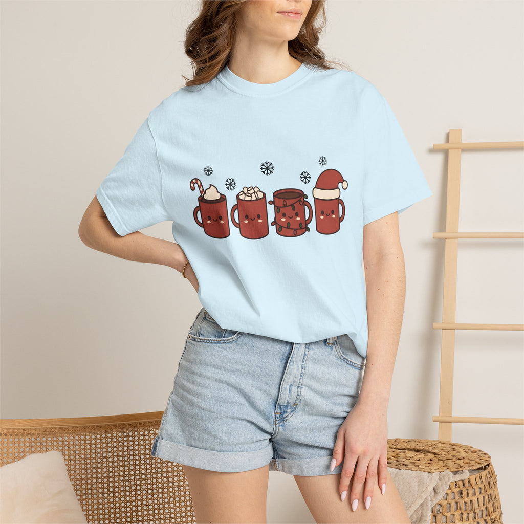 Adorable Hot Chocolate Mugs Shirt Christmas Holiday Gift Women Cartoon Tee Hot Chocolate Mugs T-Shirt Xmas Fan Comic Tshirt Seasonal Graphic
