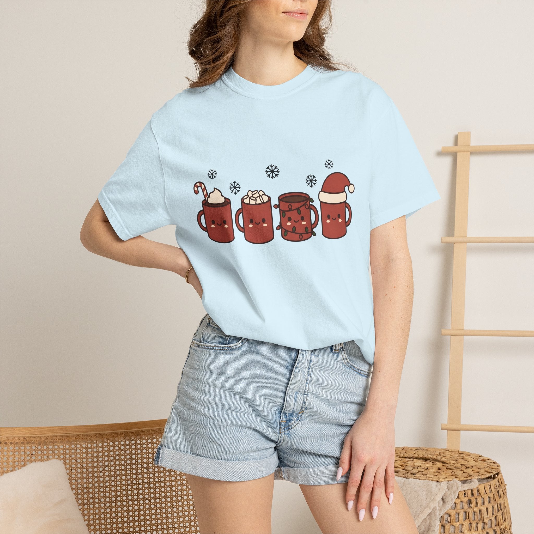 Adorable Hot Chocolate Mugs Shirt Christmas Holiday Gift Women Cartoon Tee Hot Chocolate Mugs T-Shirt Xmas Fan Comic Tshirt Seasonal Graphic