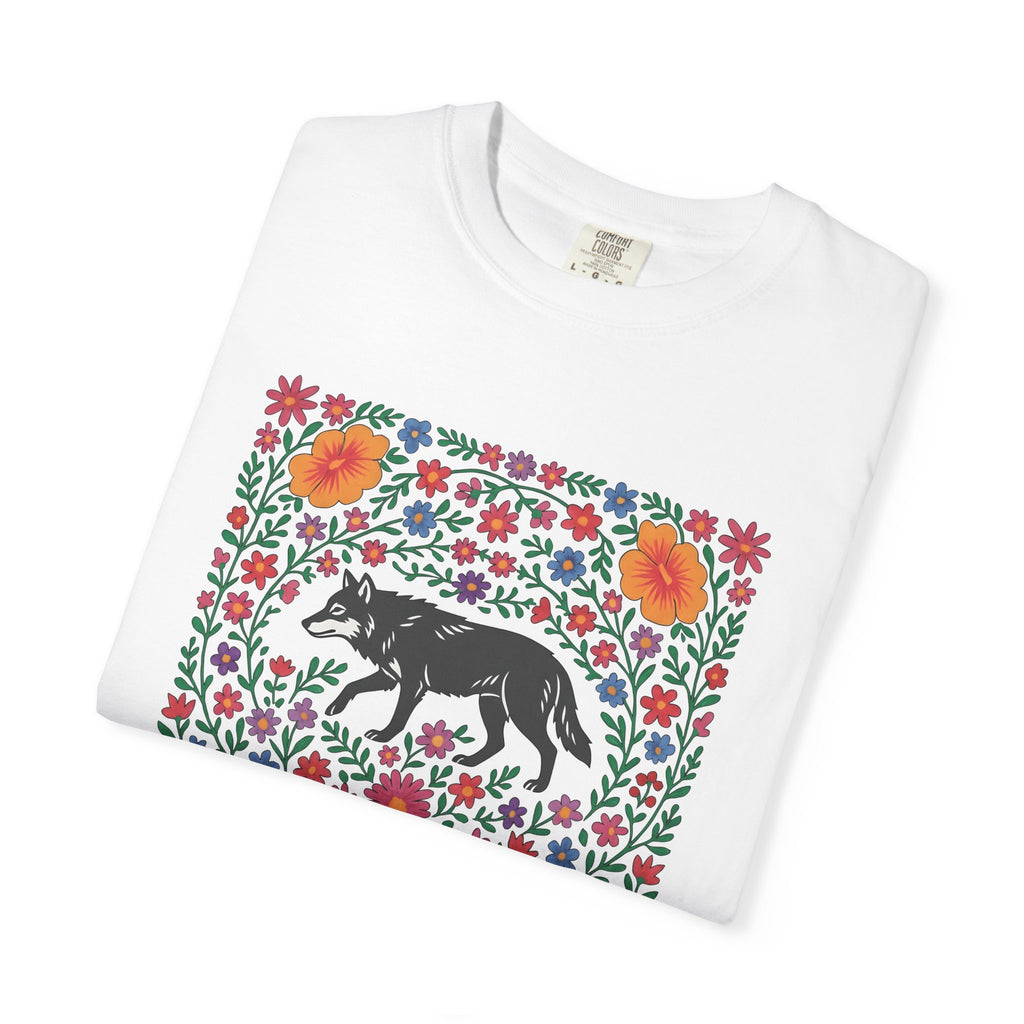 Wolf Bloom Shirt Animals & Flowers Wilderness Gift Women Native Tee Lupine T-Shirt Wildlife Enthusiast Tribal Tshirt Outdoor Graphic Crafted