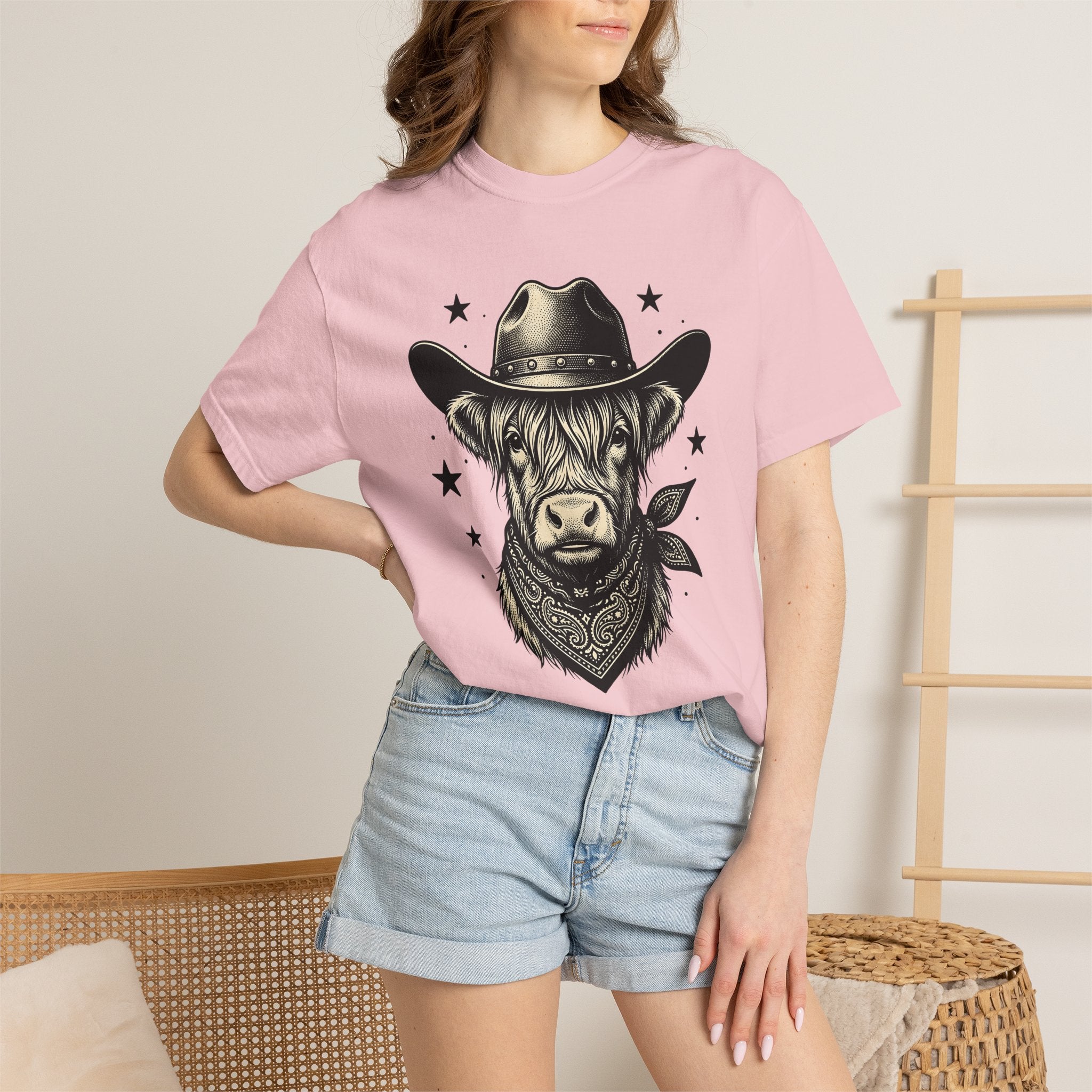 Western Cow Shirt Cowgirl Animal Gift Women Sketch Tee Cowboy T-Shirt Rodeo Fan Cattle Graphic Cattle Illustration Line Art Kerchief Tshirt