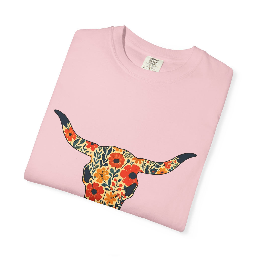 Steer Skull Shirt Cowgirl Ranch Gift Women Southwestern Tee Bull Skull T-Shirt Rodeo Fan Western Tshirt Farm Graphic Sketch Prairie Flowers