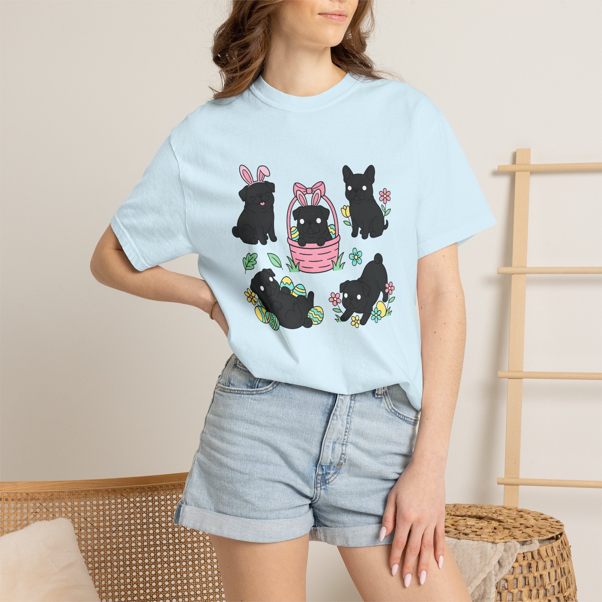 Pug Puppy Shirt Easter Pets Gift Women Adorable Tee Pugs T-Shirt Easter Fan Cute Tshirt Animal Graphic Cartoon Easter Eggs Tshirt