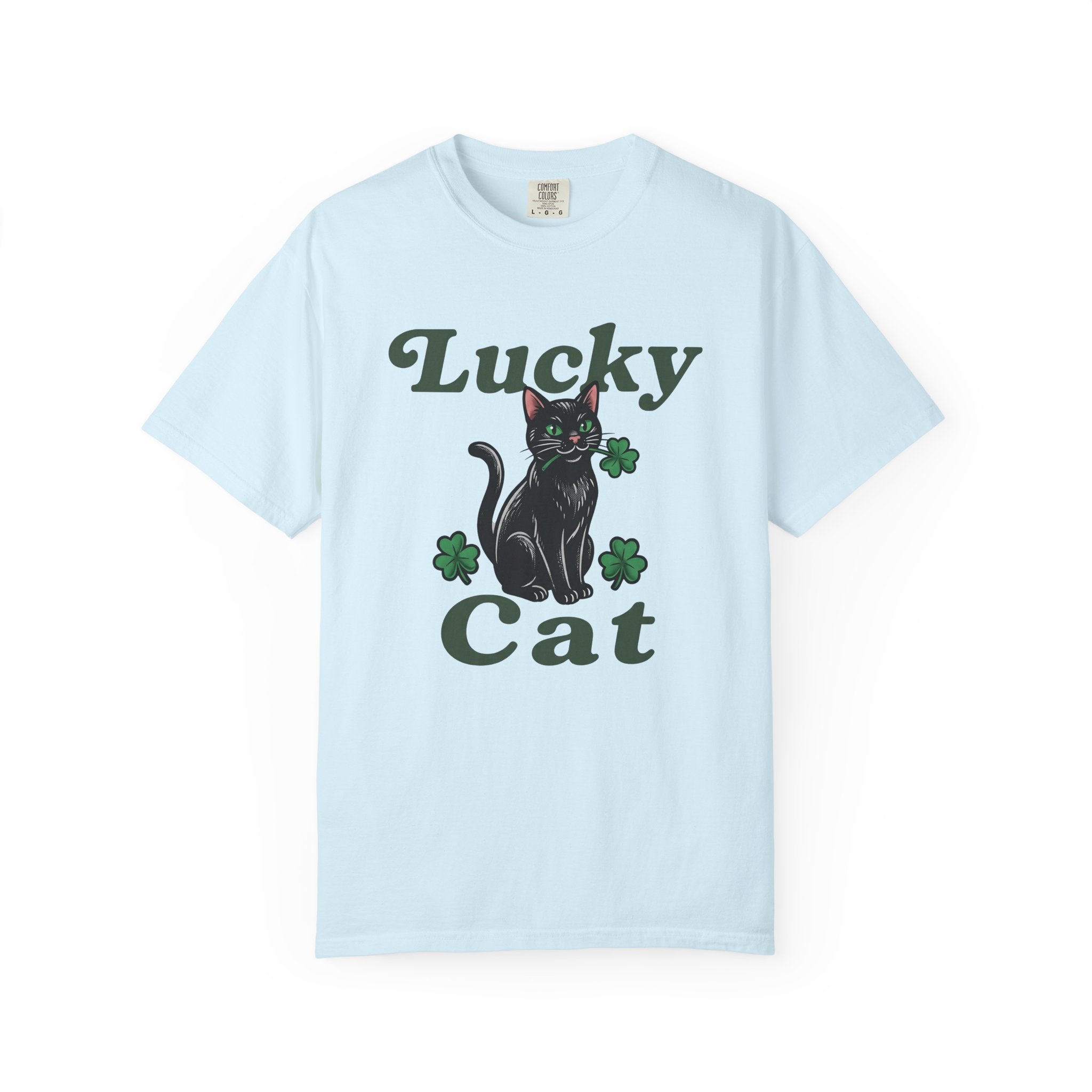 Black Cat Shirt St Patricks Day Kitty Gift Women Hand Drawn Tee Cat T-Shirt Shamrock Fan Cat Graphic Kitten Illustration Sketch Green Clover