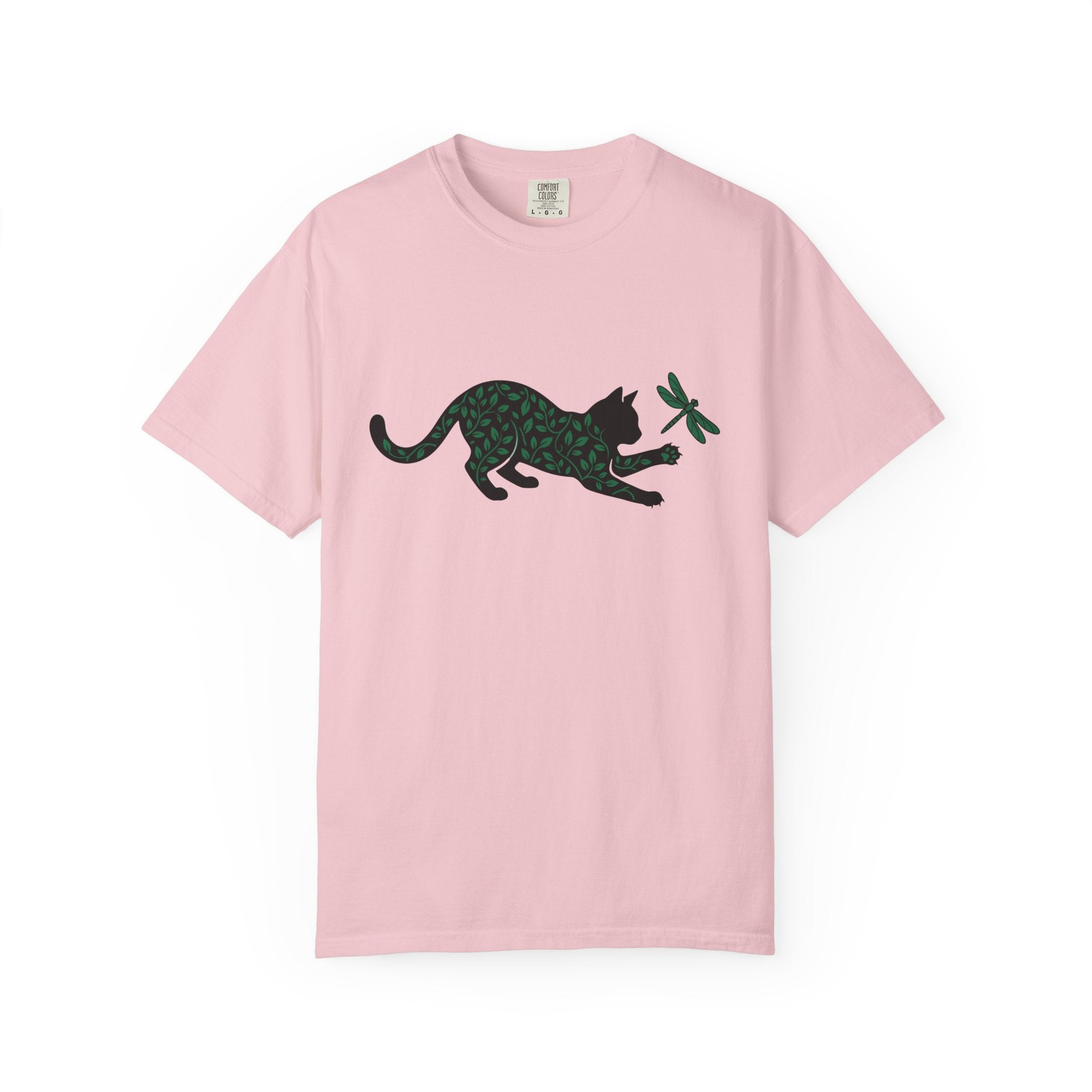 Cat Silhouette Shirt Cat Nature Gift Women Botanical Tee Kitten T-Shirt Cat Fan Feline Tshirt Wildlife Graphic Minimalist Dragonfly Tshirt
