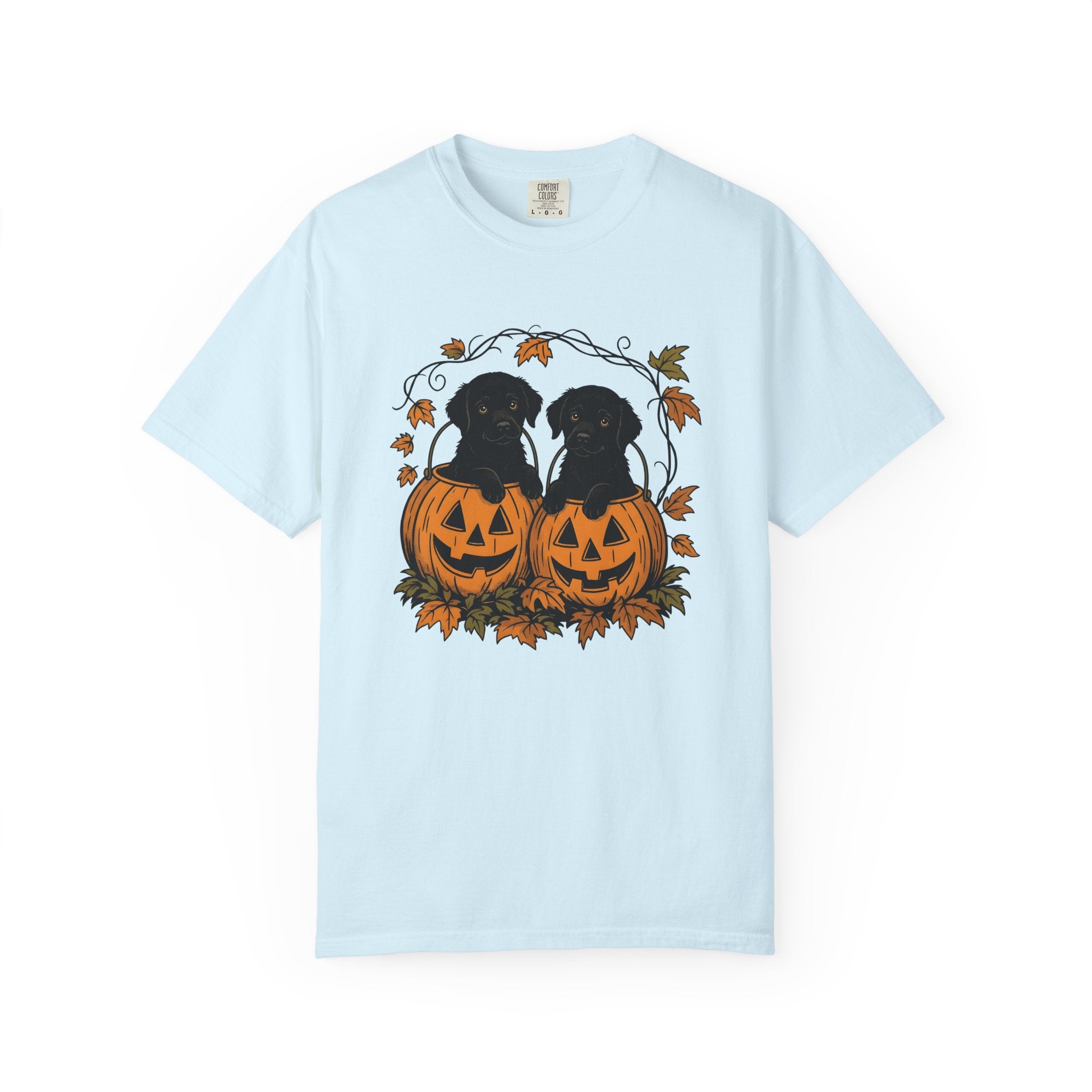 Black Labrador Puppies Shirt Halloween Pet Owner Gift Women Retro Tee Puppy T-Shirt Halloween Fan Dog Graphic Labrador Sketch Carved Pumpkin