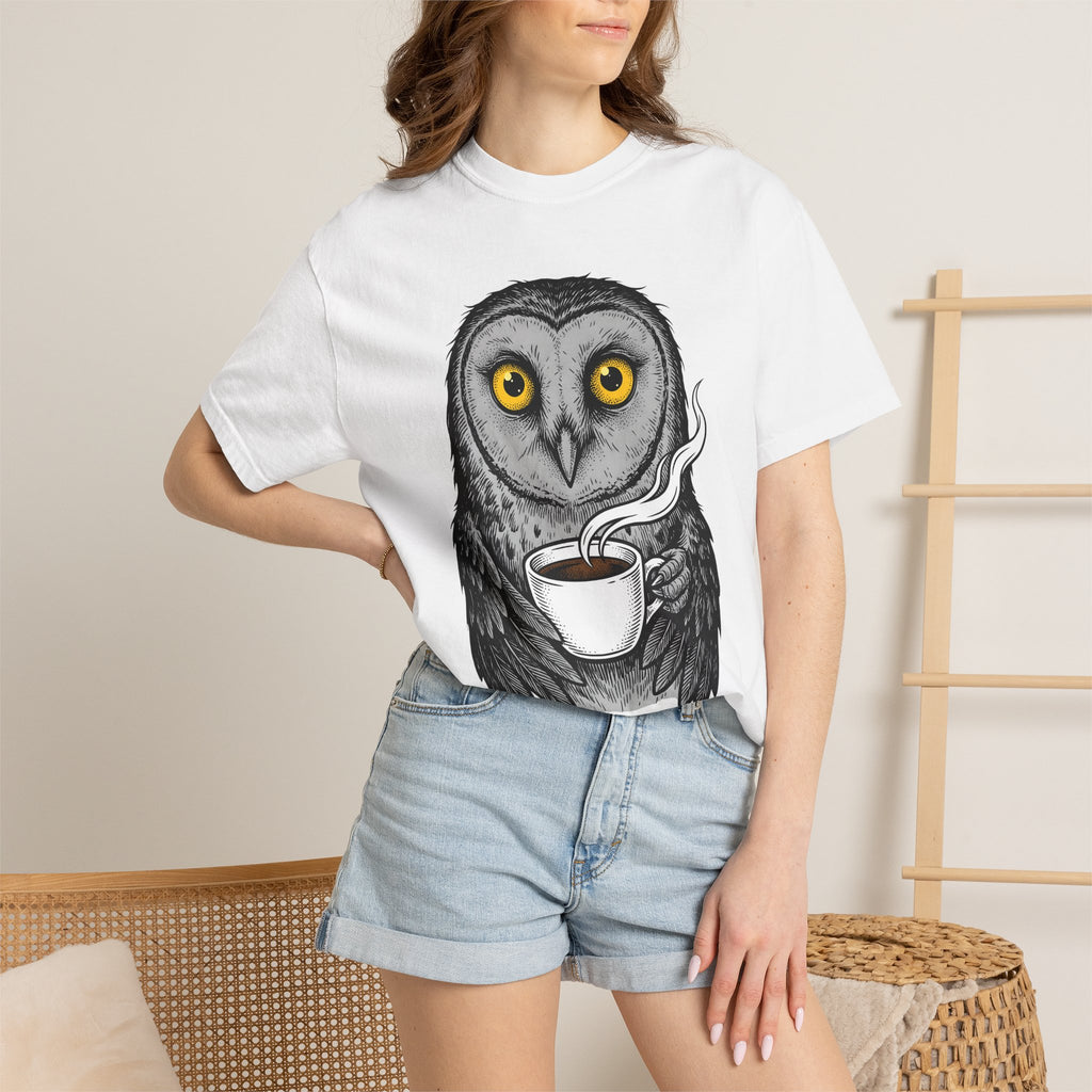 Owl Coffee Mug Shirt Coffee Pets Gift Women Line Art Tee Owl T-Shirt Coffee Fan Hoot Graphic Hand Drawn Steam Wave Tshirt