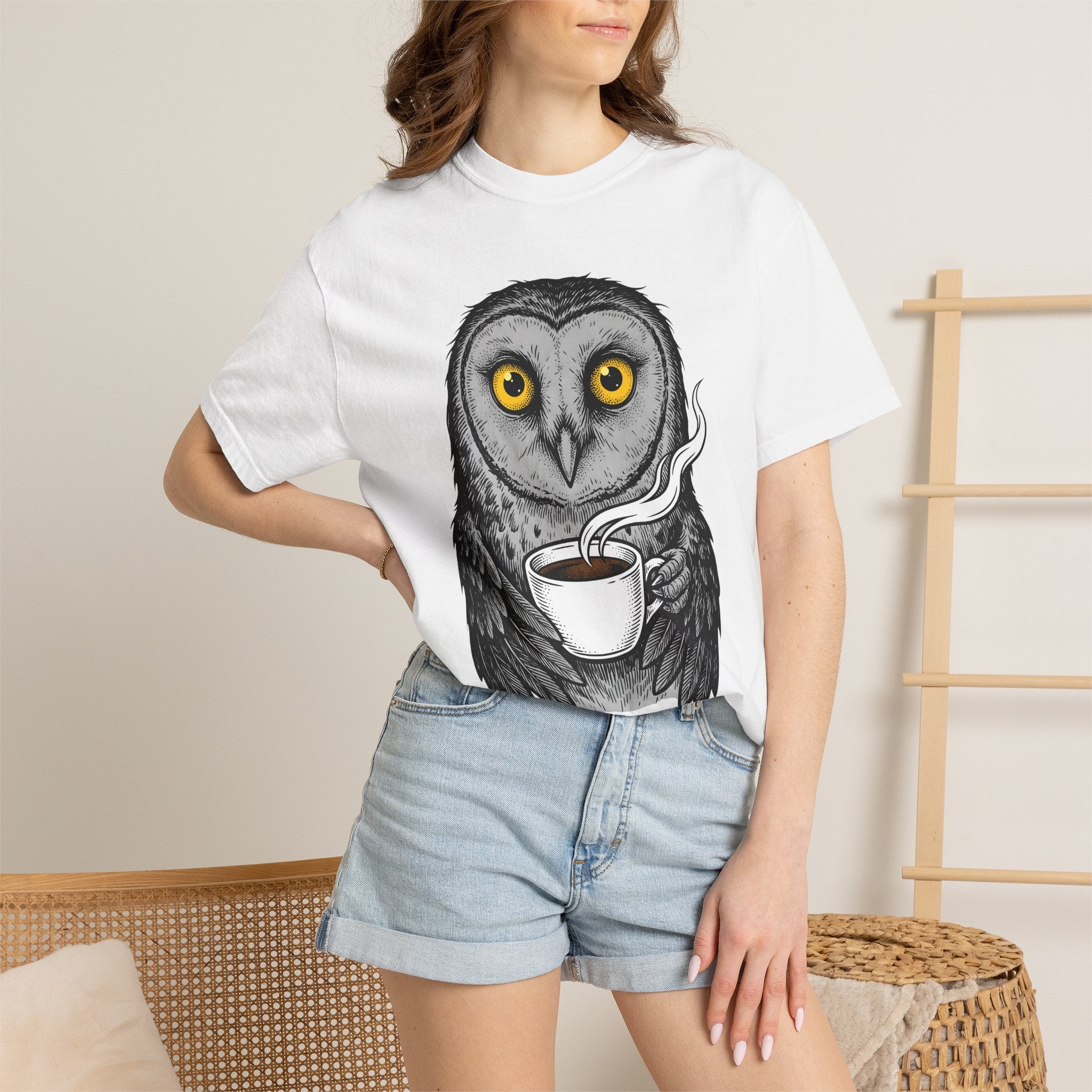 Owl Coffee Mug Shirt Coffee Pets Gift Women Line Art Tee Owl T-Shirt Coffee Fan Hoot Graphic Hand Drawn Steam Wave Tshirt