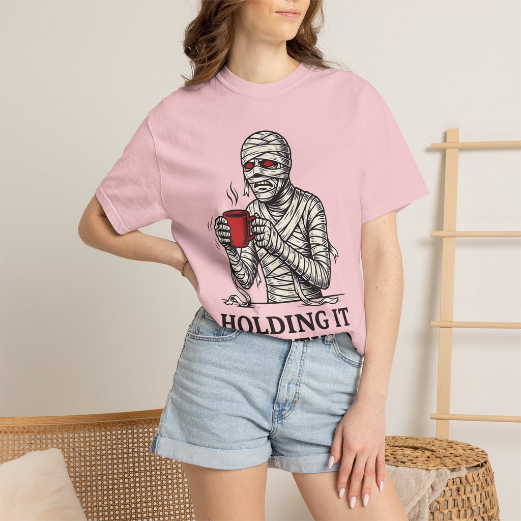 Bandaged Coffee Cup Shirt Halloween Caffeine Gift Women Cartoon Tee Mug T-Shirt Spooky Fan Coffee Cup Tshirt Caffeine Graphic Sketch Crimson