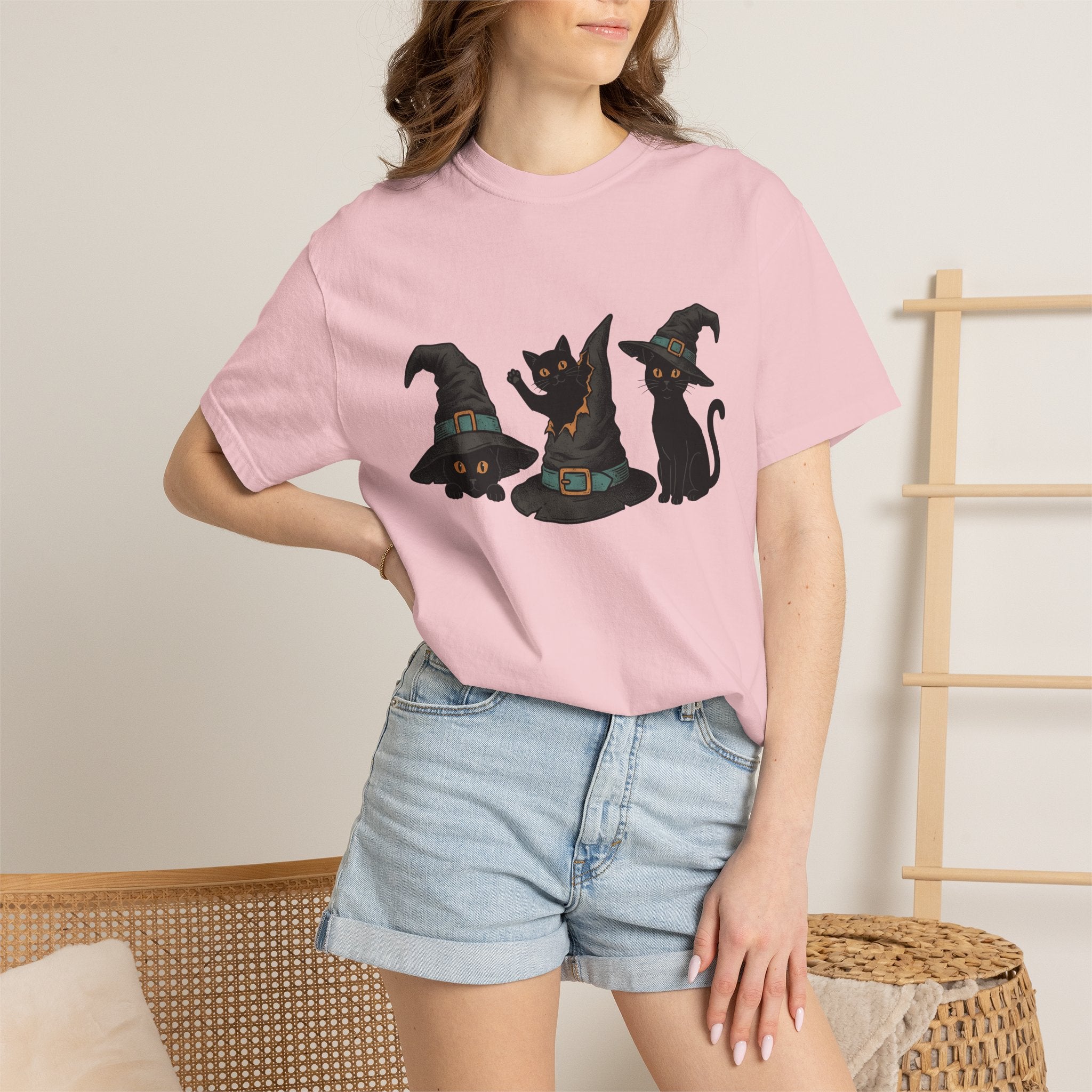 Black Cats Shirt Cat Costume Gift Women Retro Tee Cat T-Shirt Cat Fan Vintage Tshirt Cosplay Graphic Sketch Witch Hats Tshirt