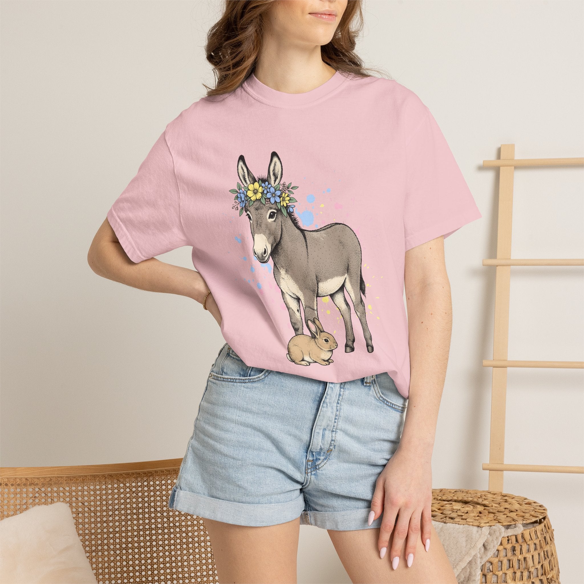 Donkey Bunny Shirt Easter Fauna Gift Women Line Art Tee Bunny T-Shirt Easter Fan Drawing Graphic Sketch Bloom Crown Tshirt