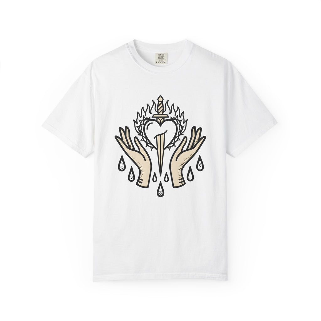 Divine Heart Shirt Boho Chic Mindfulness Gift Women Sketch Tee Sacred Heart T-Shirt Bohemian Enthusiast Drawing Illustration Outline Palms