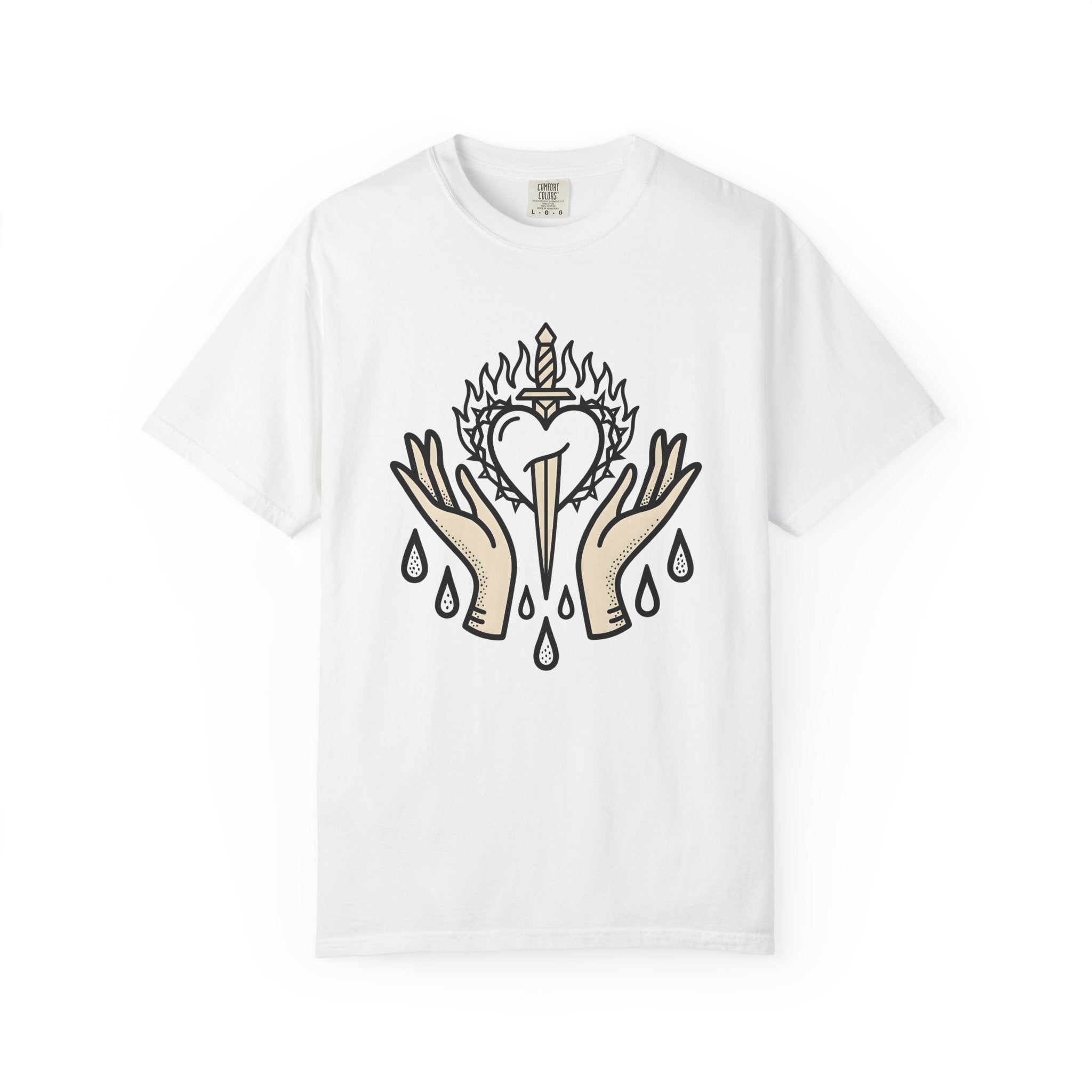 Divine Heart Shirt Boho Chic Mindfulness Gift Women Sketch Tee Sacred Heart T-Shirt Bohemian Enthusiast Drawing Illustration Outline Palms