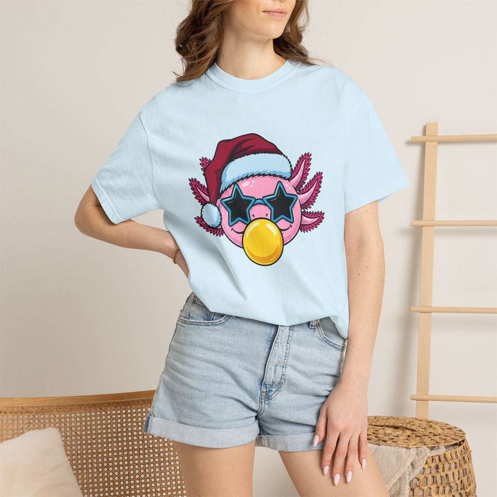 Axolotl Santa Hat Shirt Christmas Animal Gift Women Cartoon Tee Mexican Salamander T-Shirt Xmas Fan Salamander Graphic Tshirt Kawaii Star