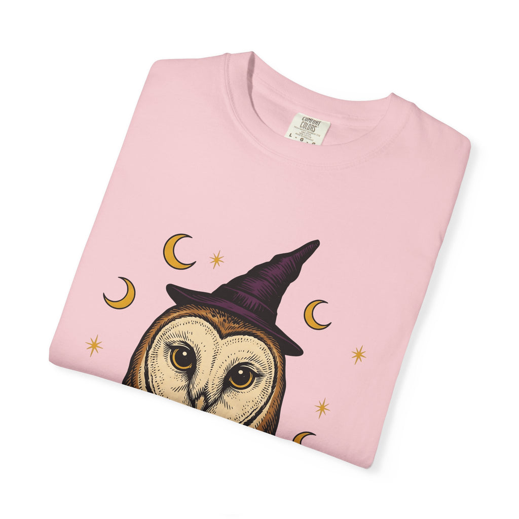 Owl Wizard Hat Shirt Halloween Wildlife Gift Women Sketch Tee Wizard Hat T-Shirt Horror Fan Drawing Graphic Retro Moon Phases Tshirt