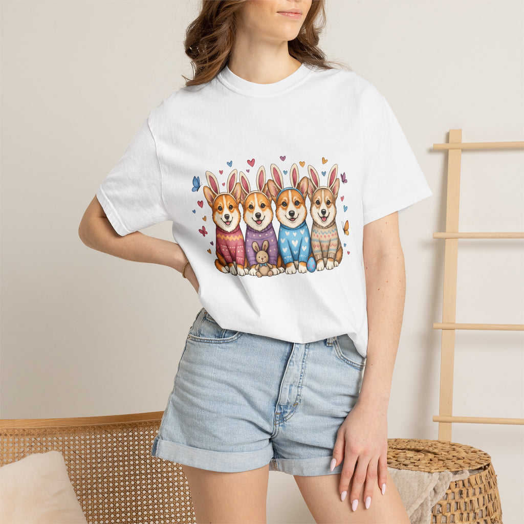 Corgi Puppies Shirt Easter Pets Gift Women Adorable Tee Puppy T-Shirt Easter Fan Cute Tshirt Animal Graphic Sketch Bunny Hat Tshirt