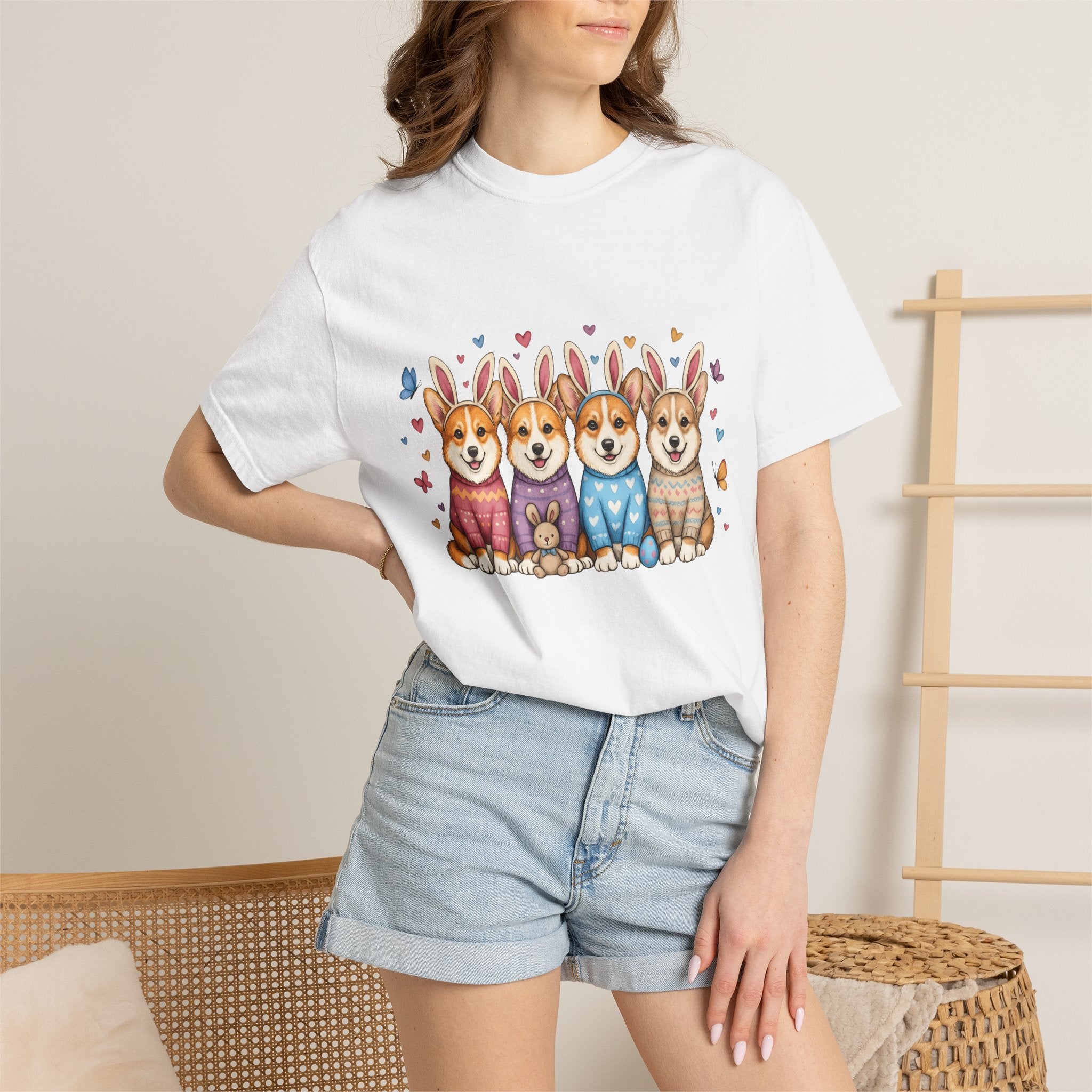 Corgi Puppies Shirt Easter Pets Gift Women Adorable Tee Puppy T-Shirt Easter Fan Cute Tshirt Animal Graphic Sketch Bunny Hat Tshirt