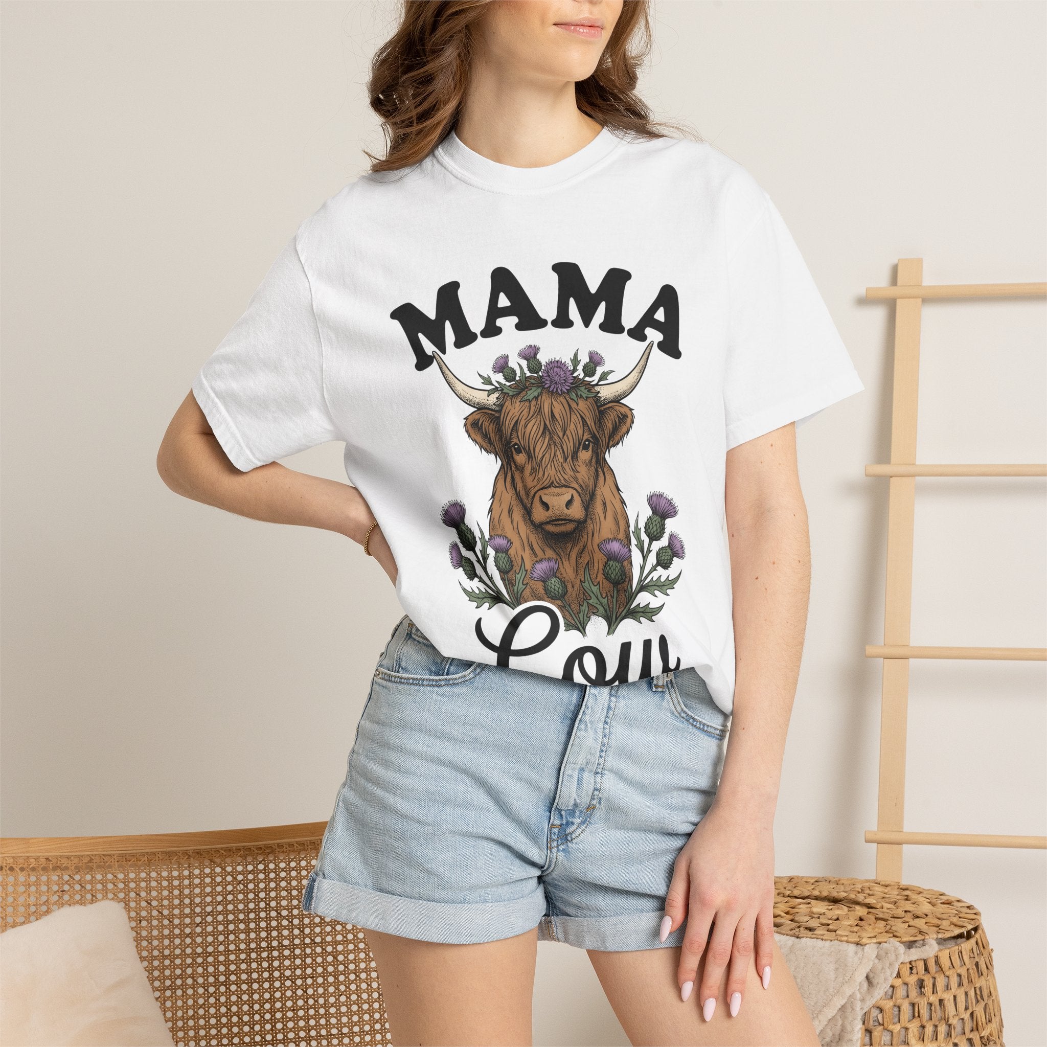Highland Ox Shirt Moms Rural Gift Women Tribal Tee Highland Cattle T-Shirt Mother Fan Celtic Tshirt Country Graphic Line Art Blossom Wreath