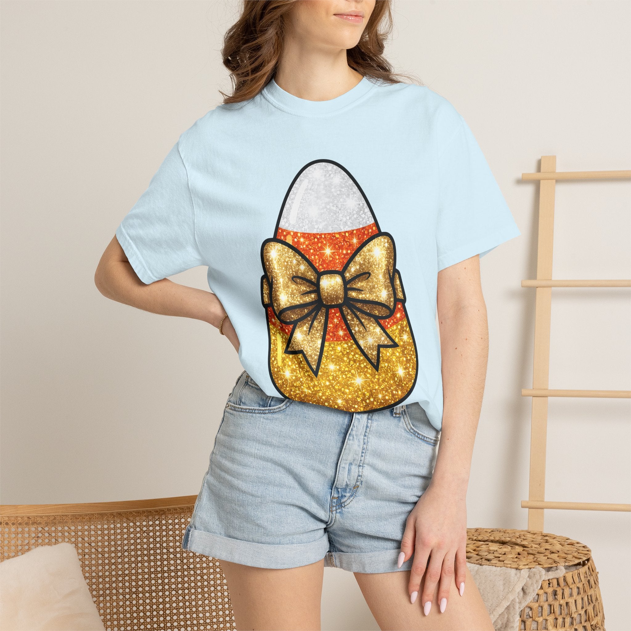 Candy Corn Shirt Halloween Treats Gift Women Shimmer Tee Triangular Candy T-Shirt Spooky Fan Glittery Tshirt Dessert Graphic Adorable Knot