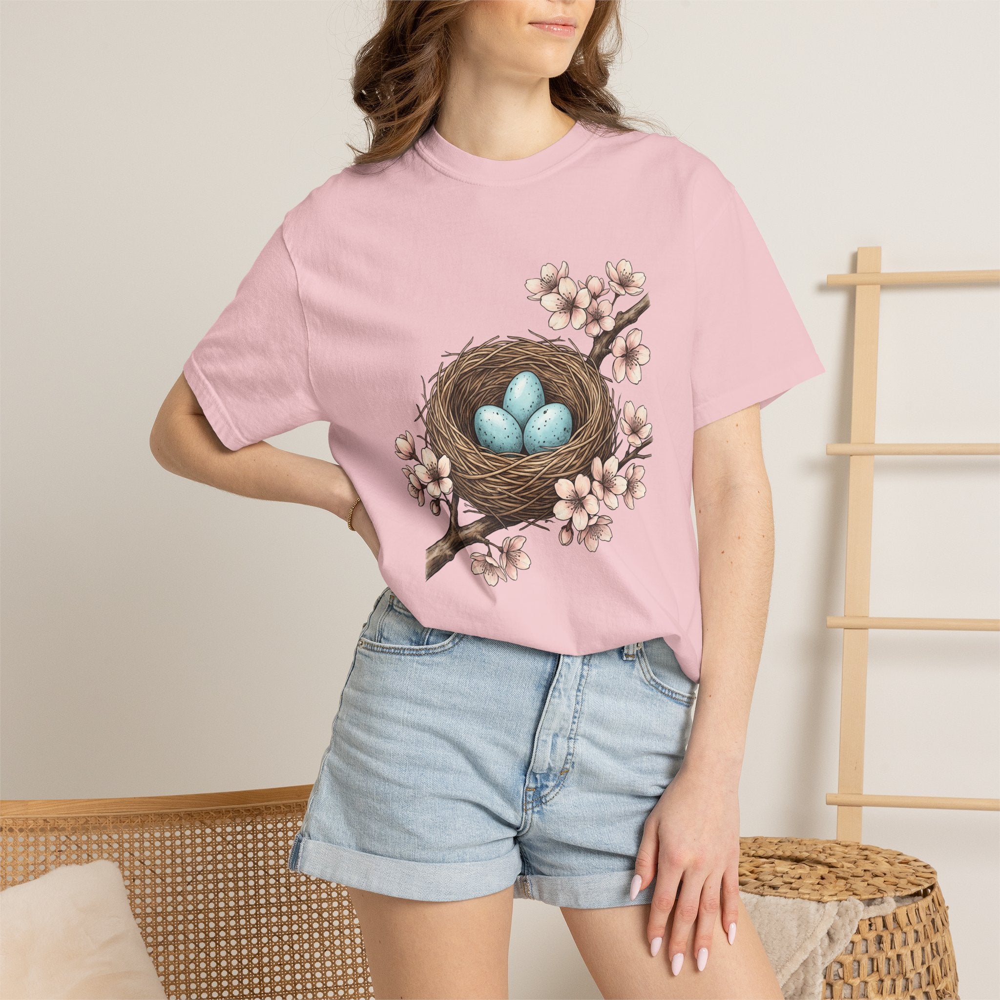 Bird Nest Shirt Easter Spring Gift Women Botanical Tee Nest T-Shirt Easter Fan Botanical Illustration Spring Graphic Vintage Cherry Blossoms