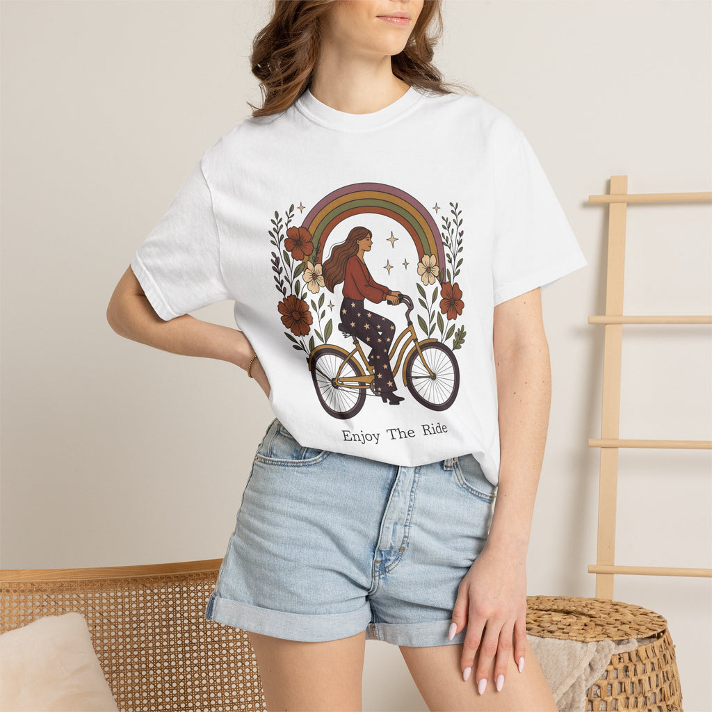 Woman Bicycle Shirt Cycling Floral Gift Women Boho Tee Bike T-Shirt Cyclist Enthusiast Bohemian Tshirt Floral Graphic Retro Rainbow Tshirt