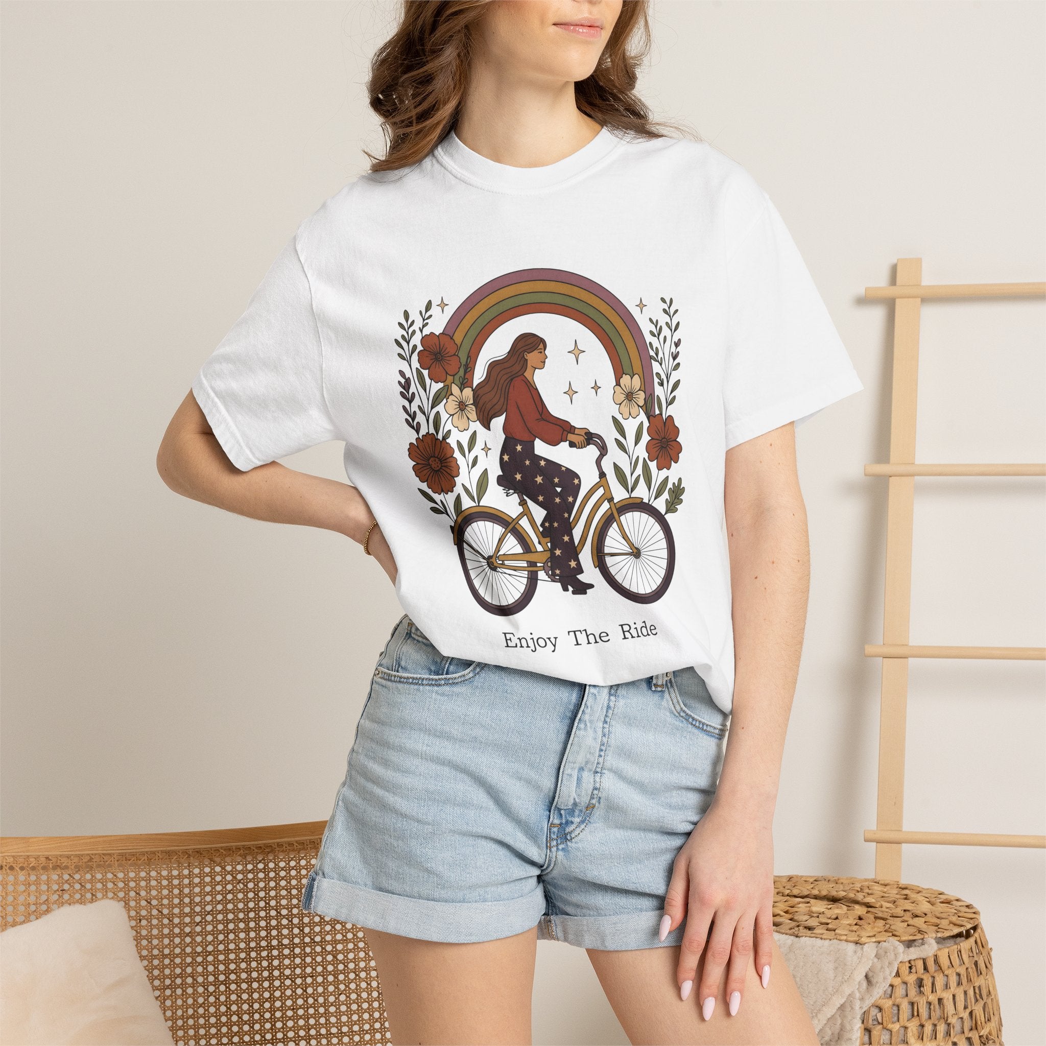 Woman Bicycle Shirt Cycling Floral Gift Women Boho Tee Bike T-Shirt Cyclist Enthusiast Bohemian Tshirt Floral Graphic Retro Rainbow Tshirt