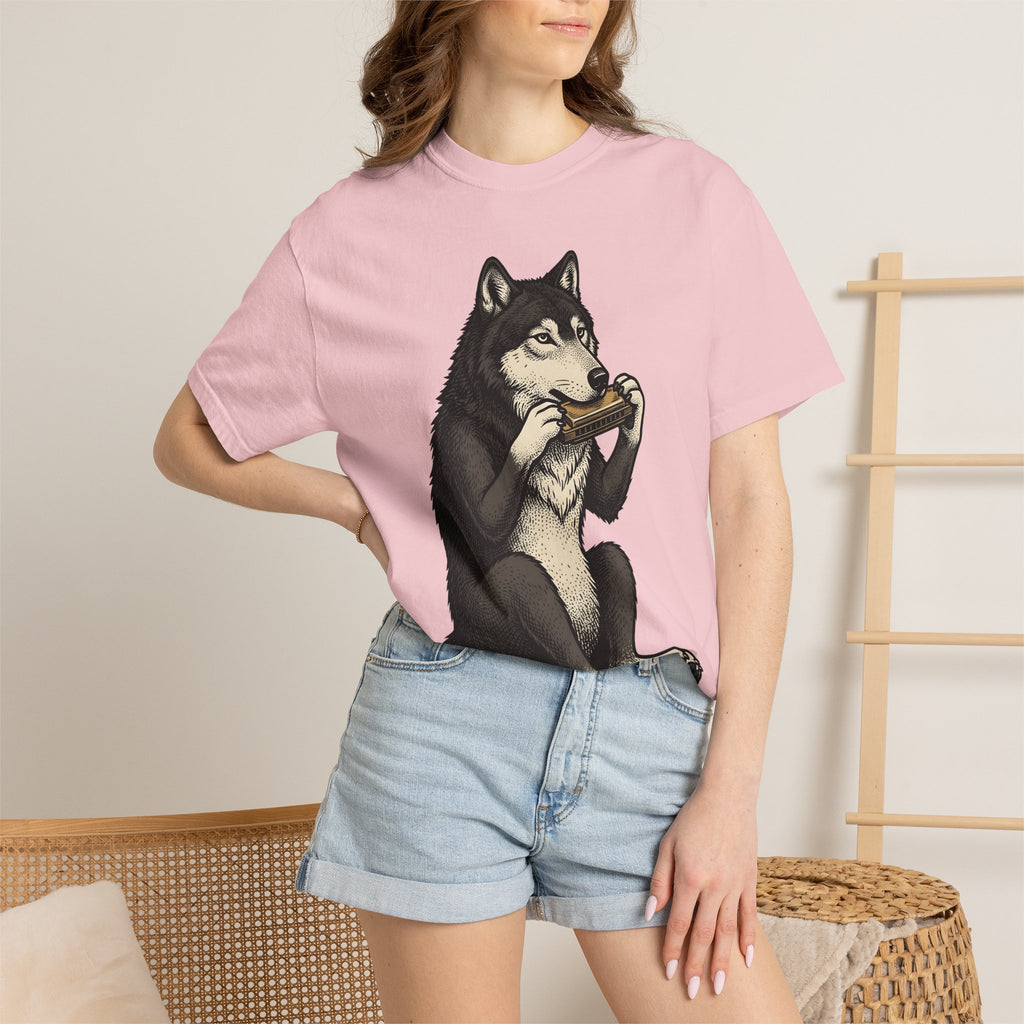 Wolf Harmonica Shirt Animals Instruments Gift Women Sketch Tee Howling T-Shirt Wildlife Fan Drawing Design Retro Harmonica Tshirt