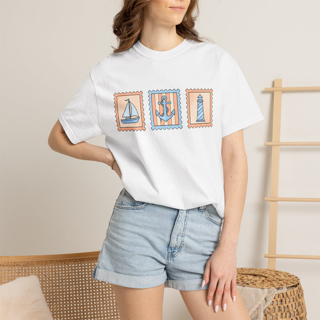 Marine Stamps Shirt Nautical Vacation Gift Women Sketch Tee Stamp Collecting T-Shirt Sailing Fan Maritime Tshirt Getaway Graphic Line Art