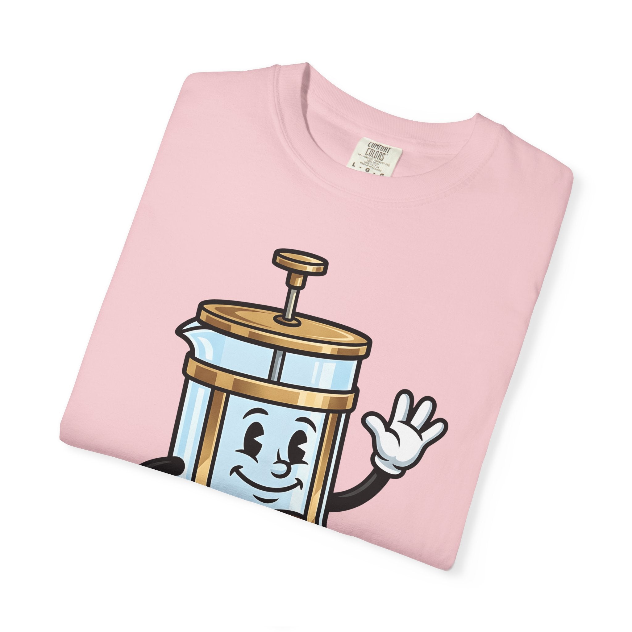 French Press Character Shirt Coffee Foodie Gift Women Cartoon Tee Cafetiere T-Shirt Coffee Fan Comic Tshirt Gourmet Graphic Retro Walking