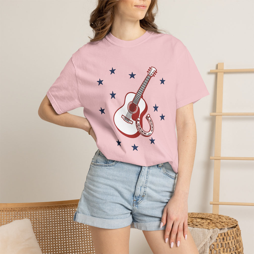 Guitar Horseshoe Shirt America Farm Gift Women Vintage Tee Horseshoe T-Shirt American Fan Vintage Tshirt Ranch Graphic Hand Drawn Star