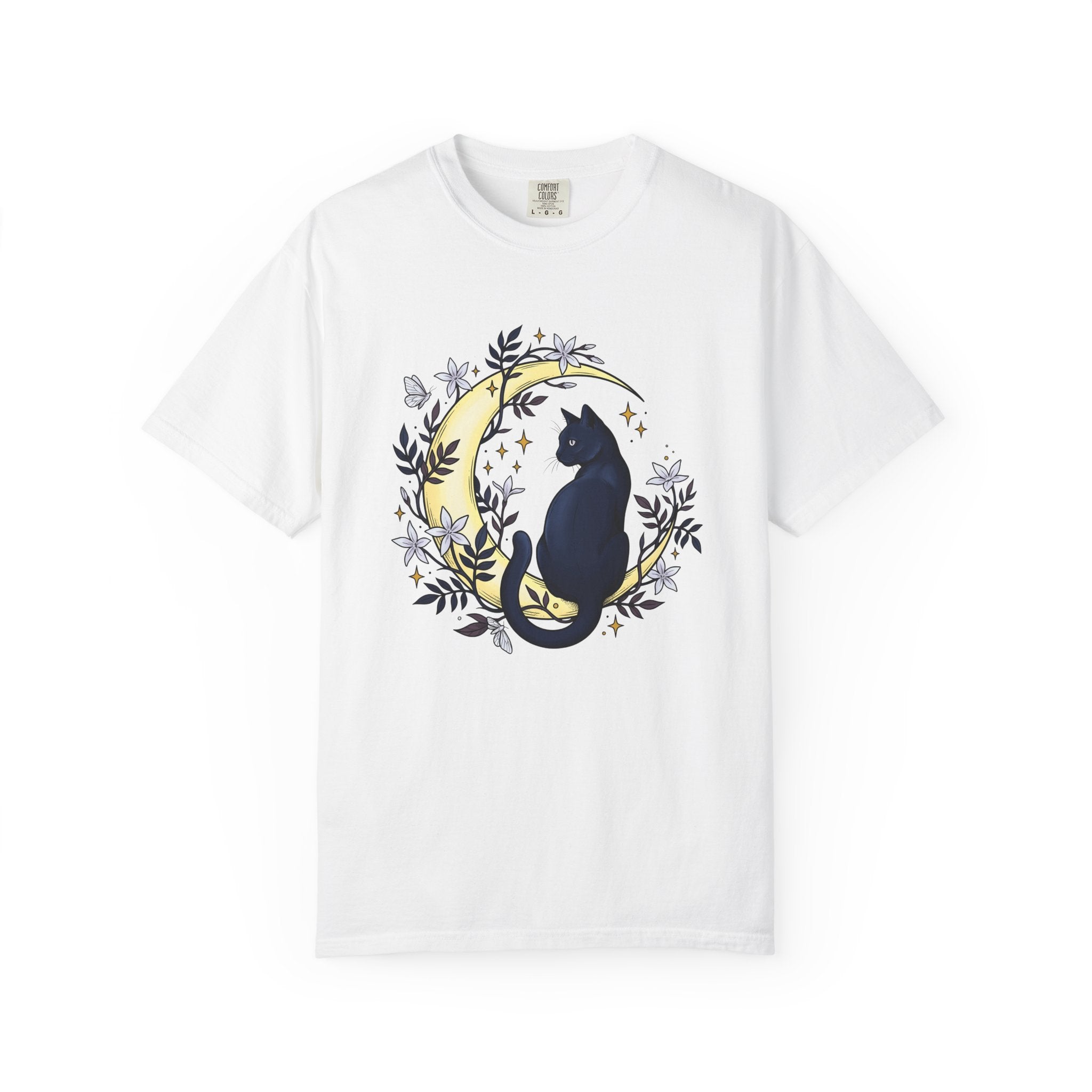 Black Cat Crescent Shirt Cat Astrology Gift Women Hippie Tee Cat T-Shirt Cat Fan Boho Tshirt Zodiac Graphic Spiritual Flower Tshirt