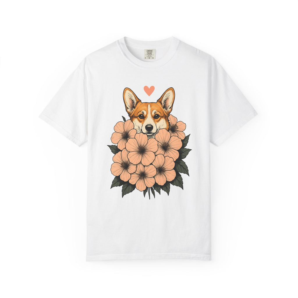 Corgi Pet Shirt Dog Plants Gift Women Line Art Tee Puppy T-Shirt Dog Fan Minimalist Tshirt Botanical Graphic Rustic Garden Flowers Tshirt