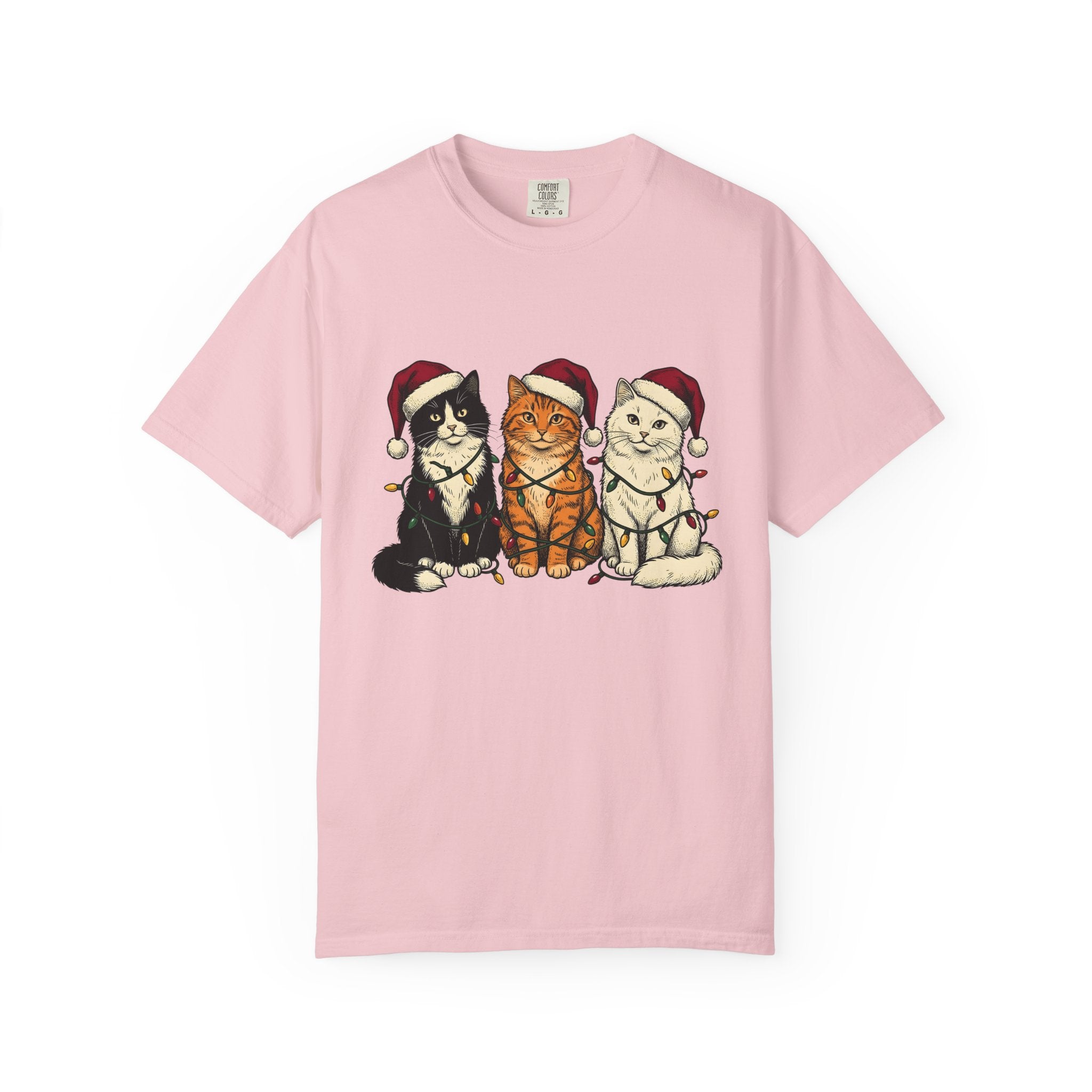 Cat Group Shirt Christmas Animals Gift Women Sketch Tee Kittens T-Shirt Xmas Fan Feline Tshirt Creature Graphic Retro Holiday Lights Tshirt