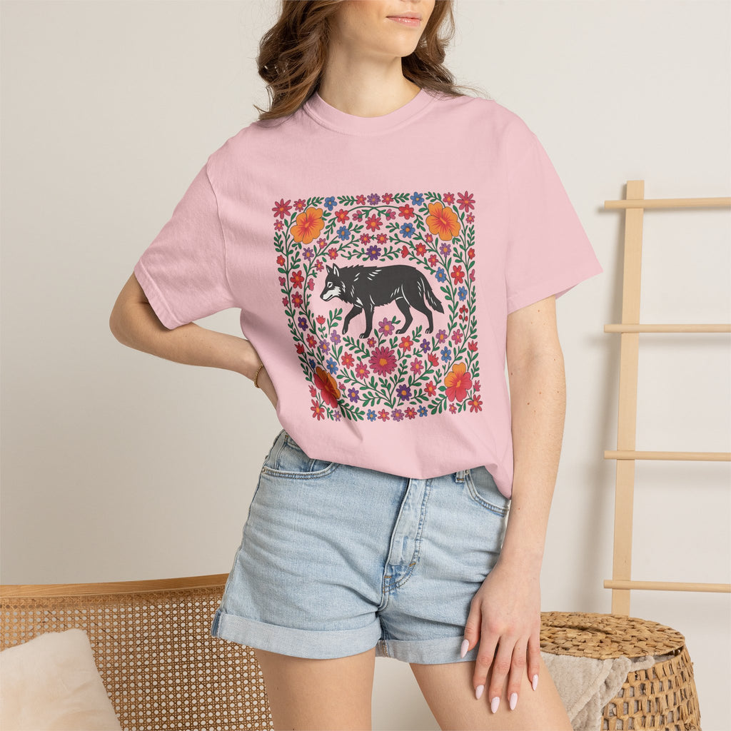 Wolf Bloom Shirt Animals & Flowers Wilderness Gift Women Native Tee Lupine T-Shirt Wildlife Enthusiast Tribal Tshirt Outdoor Graphic Crafted