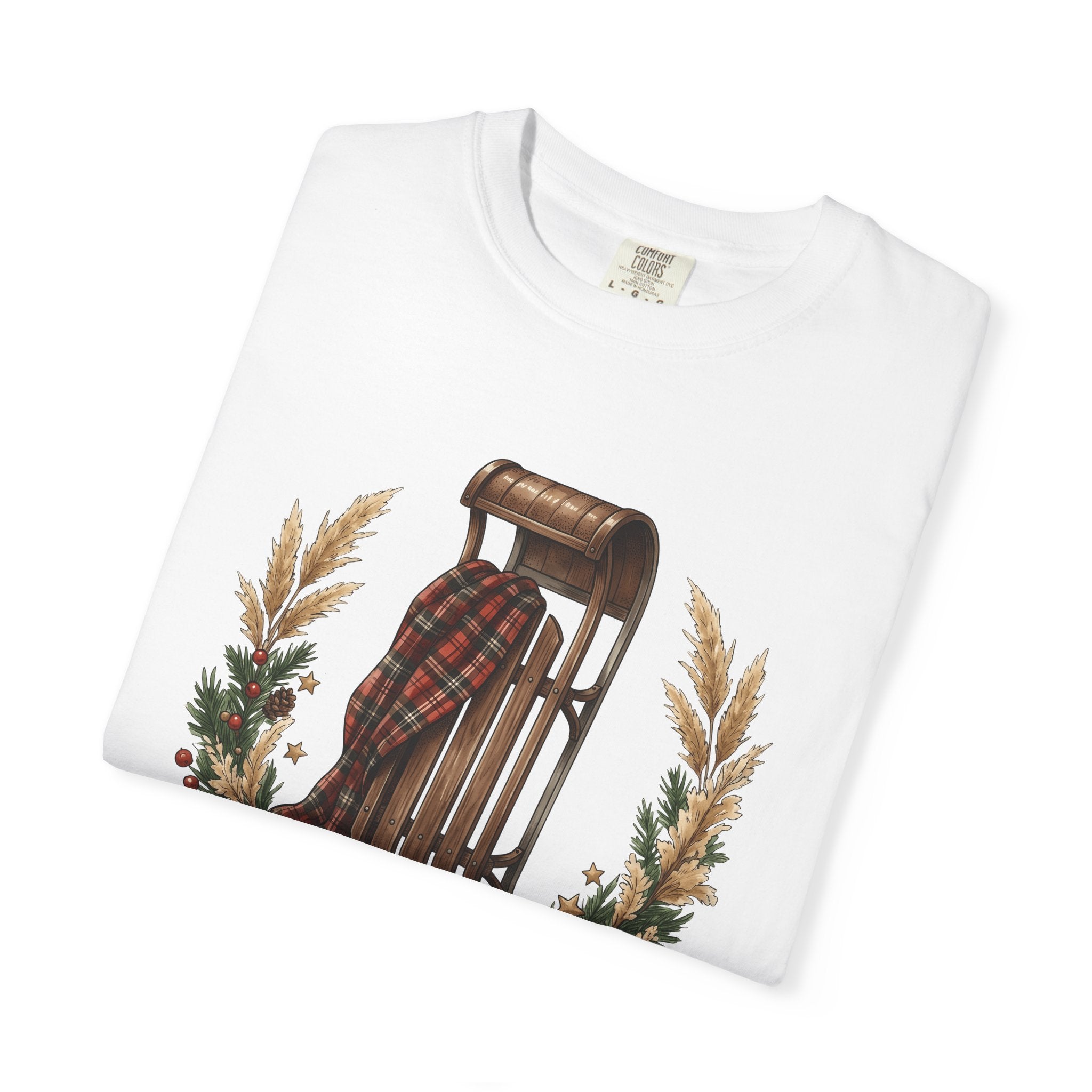 Vintage Sled Shirt Christmas Winter Gift Women Cozy Tee Toboggan T-Shirt Xmas Fan Holiday Tshirt Frosty Graphic Hand Drawn Pine Wreath